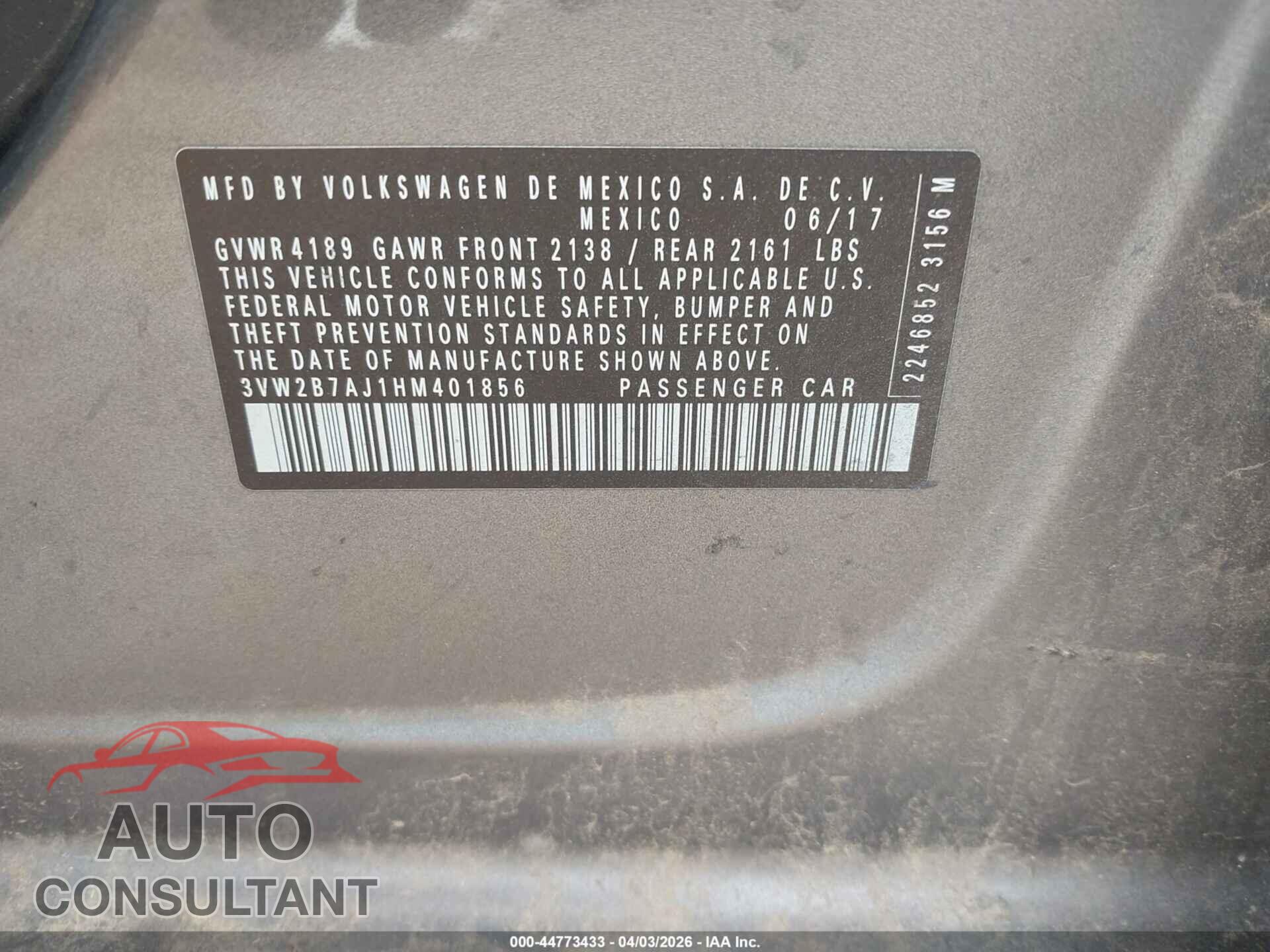VOLKSWAGEN JETTA 2017 - 3VW2B7AJ1HM401856
