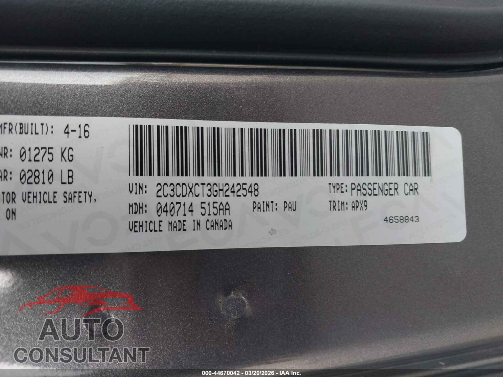 DODGE CHARGER 2016 - 2C3CDXCT3GH242548