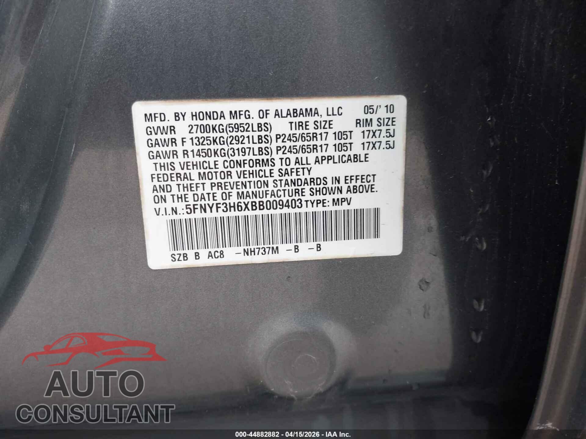 HONDA PILOT 2011 - 5FNYF3H6XBB009403