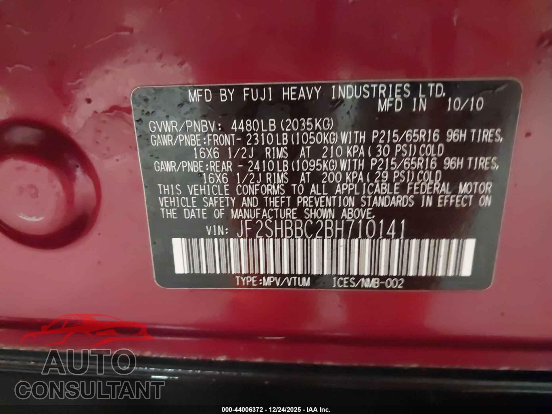 SUBARU FORESTER 2011 - JF2SHBBC2BH710141