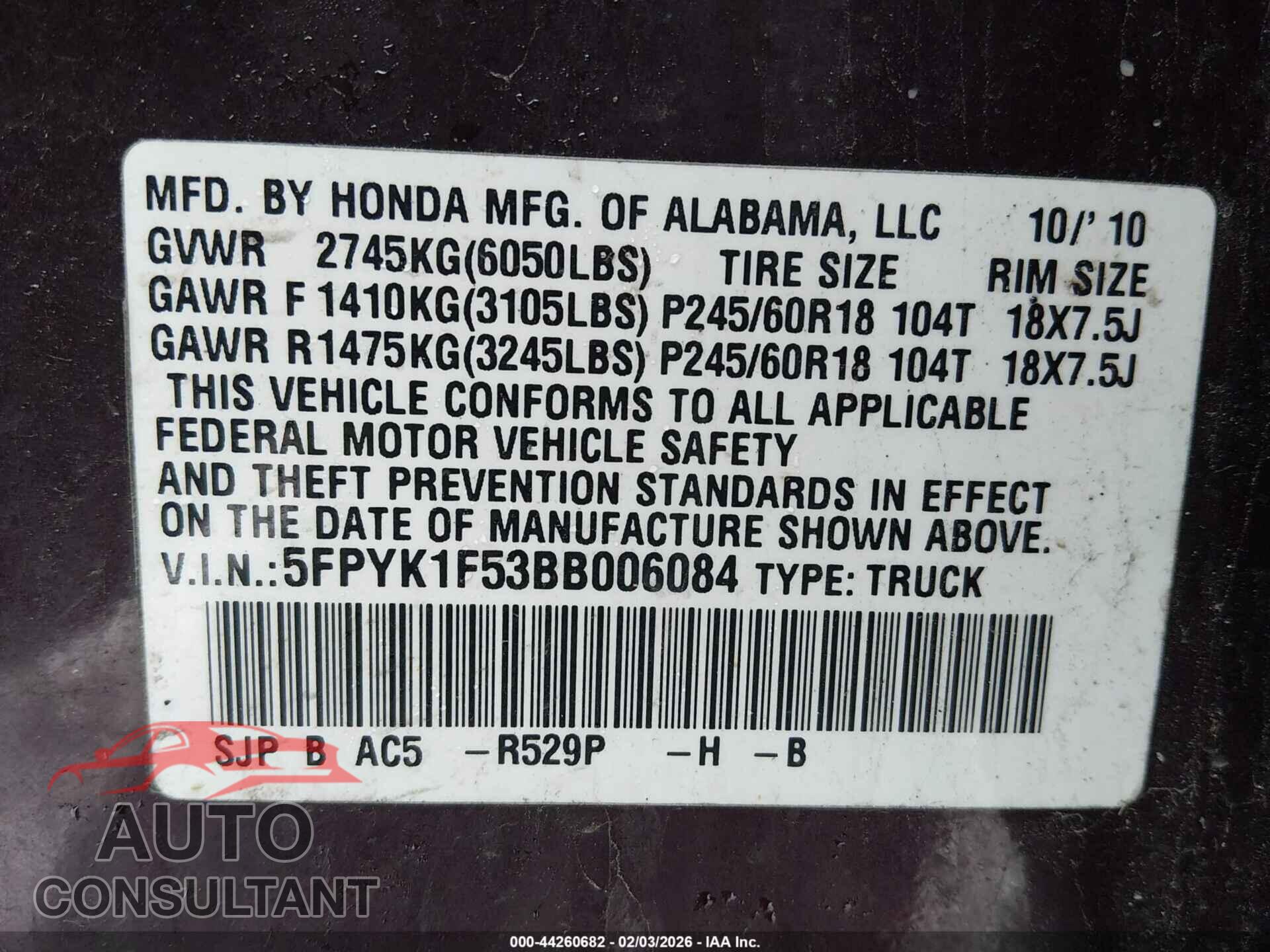 HONDA RIDGELINE 2011 - 5FPYK1F53BB006084