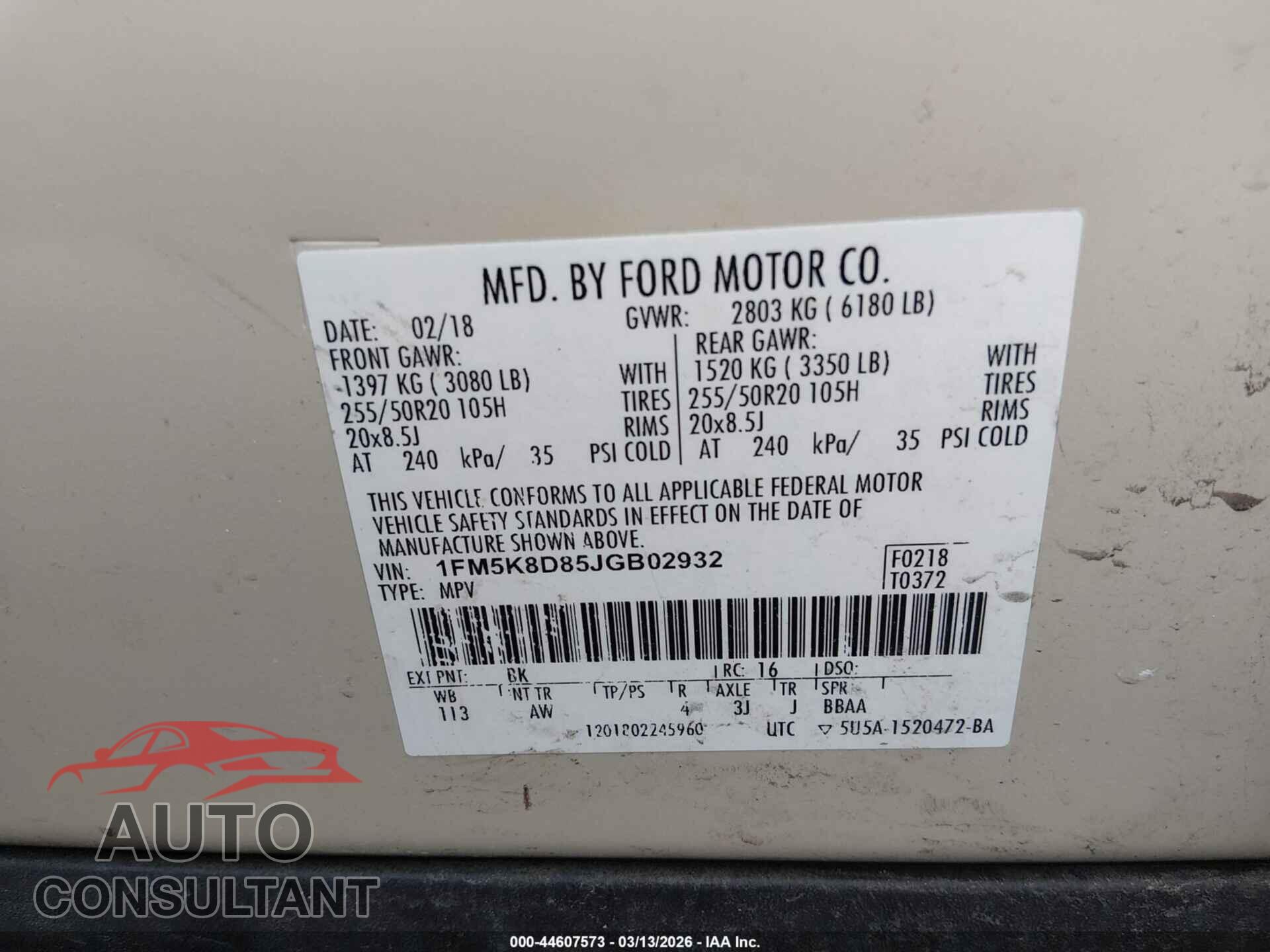 FORD EXPLORER 2018 - 1FM5K8D85JGB02932