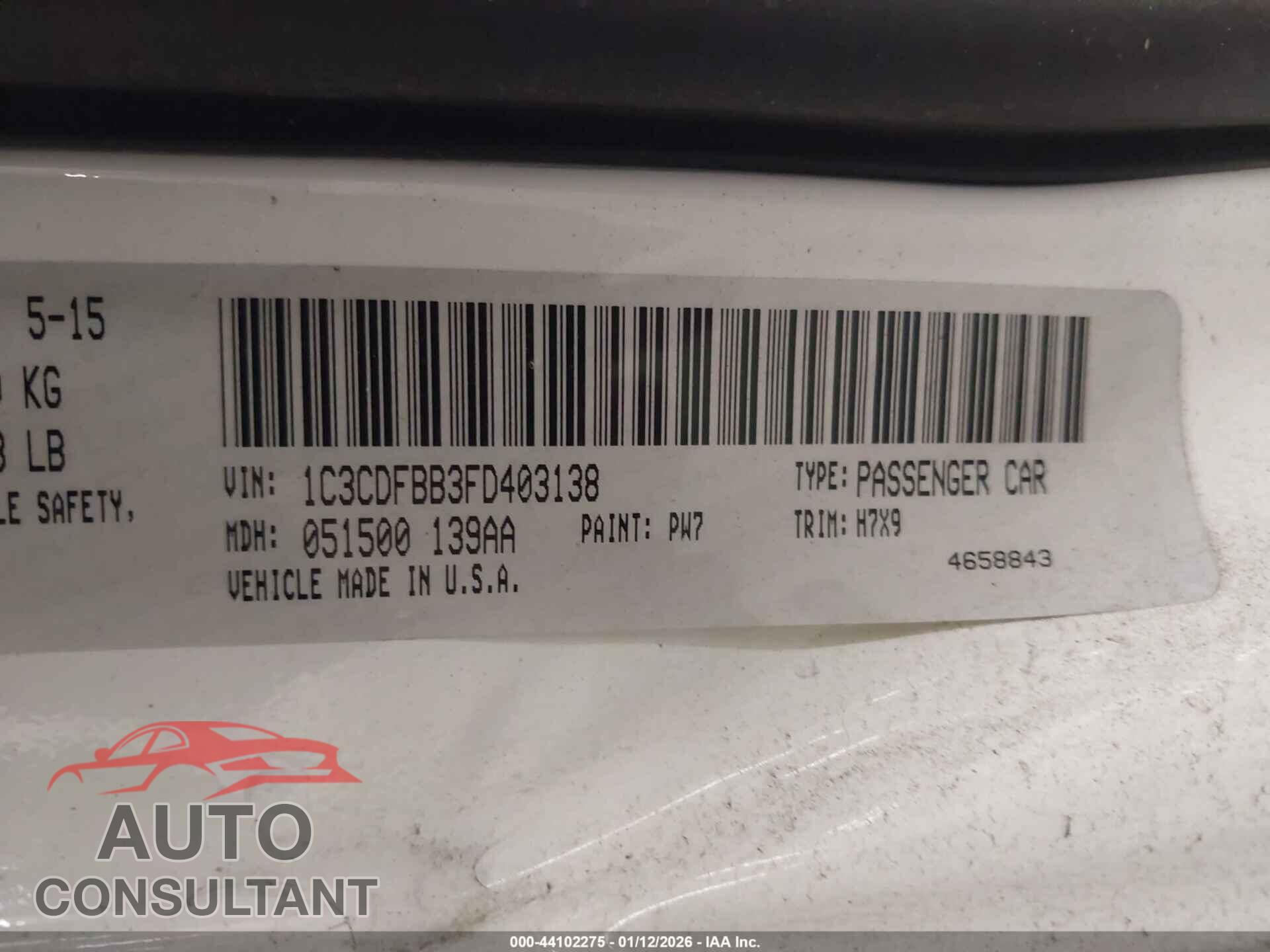 DODGE DART 2015 - 1C3CDFBB3FD403138