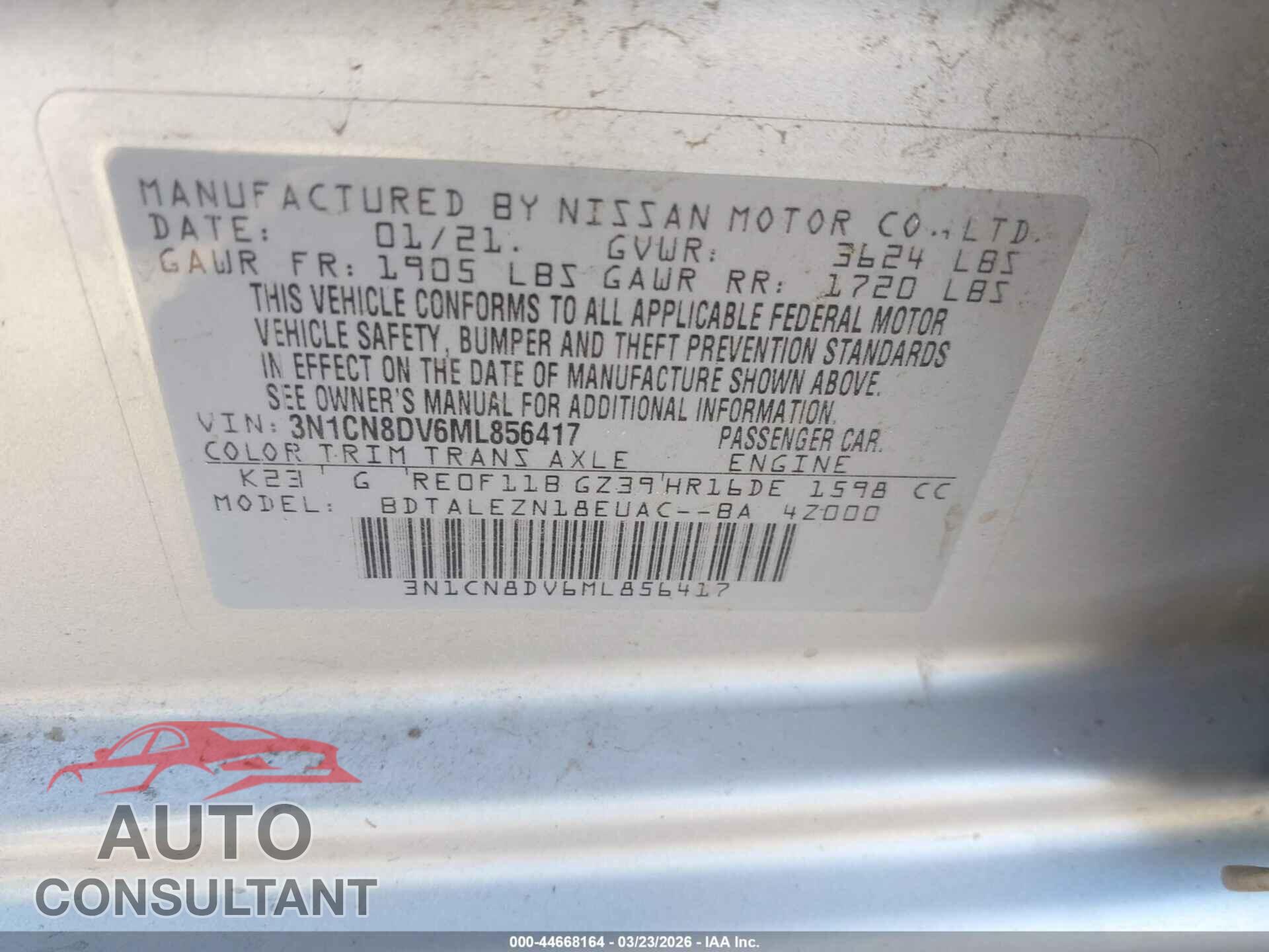 NISSAN VERSA 2021 - 3N1CN8DV6ML856417