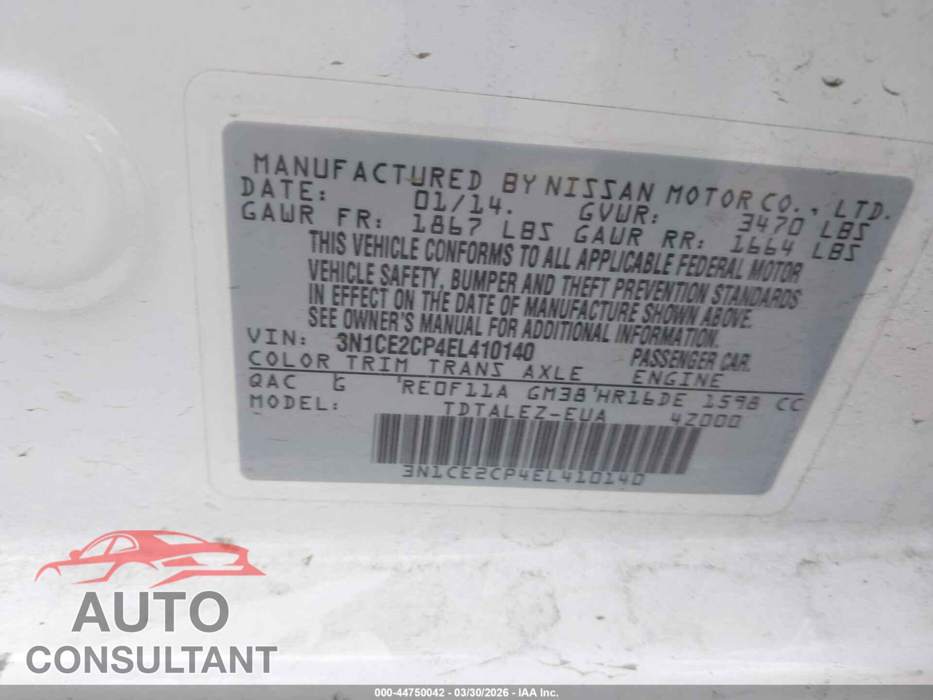 NISSAN VERSA NOTE 2014 - 3N1CE2CP4EL410140