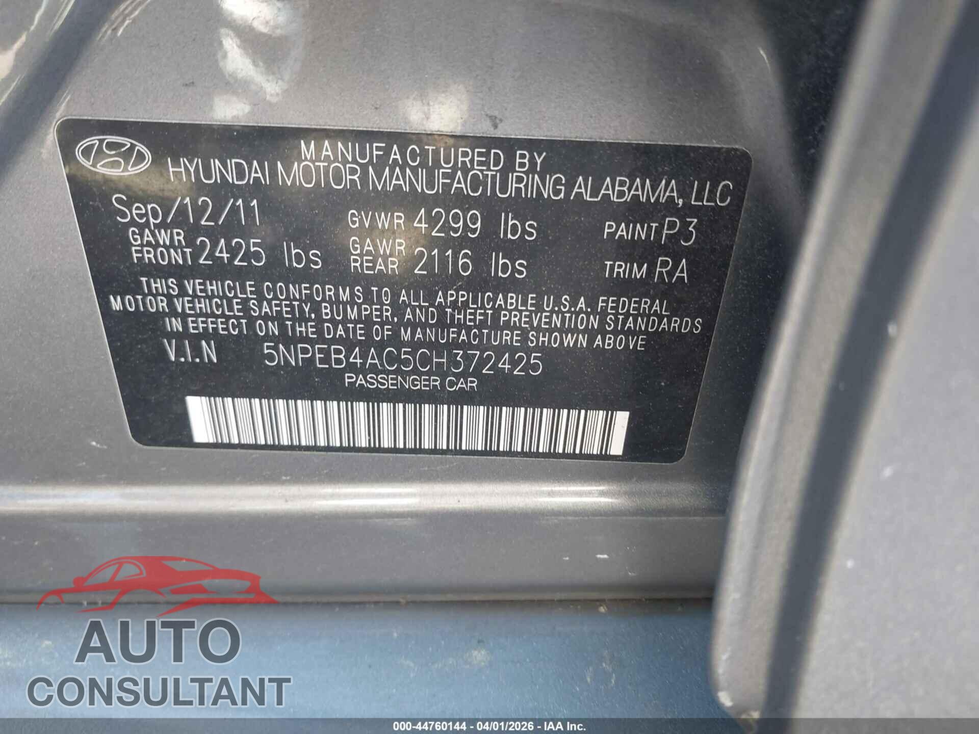 HYUNDAI SONATA 2012 - 5NPEB4AC5CH372425