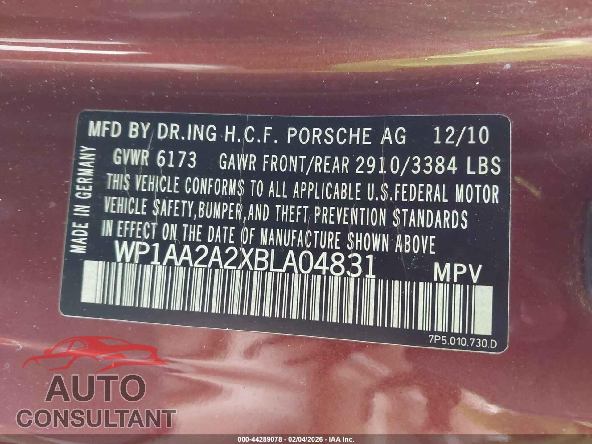 PORSCHE CAYENNE 2011 - WP1AA2A2XBLA04831
