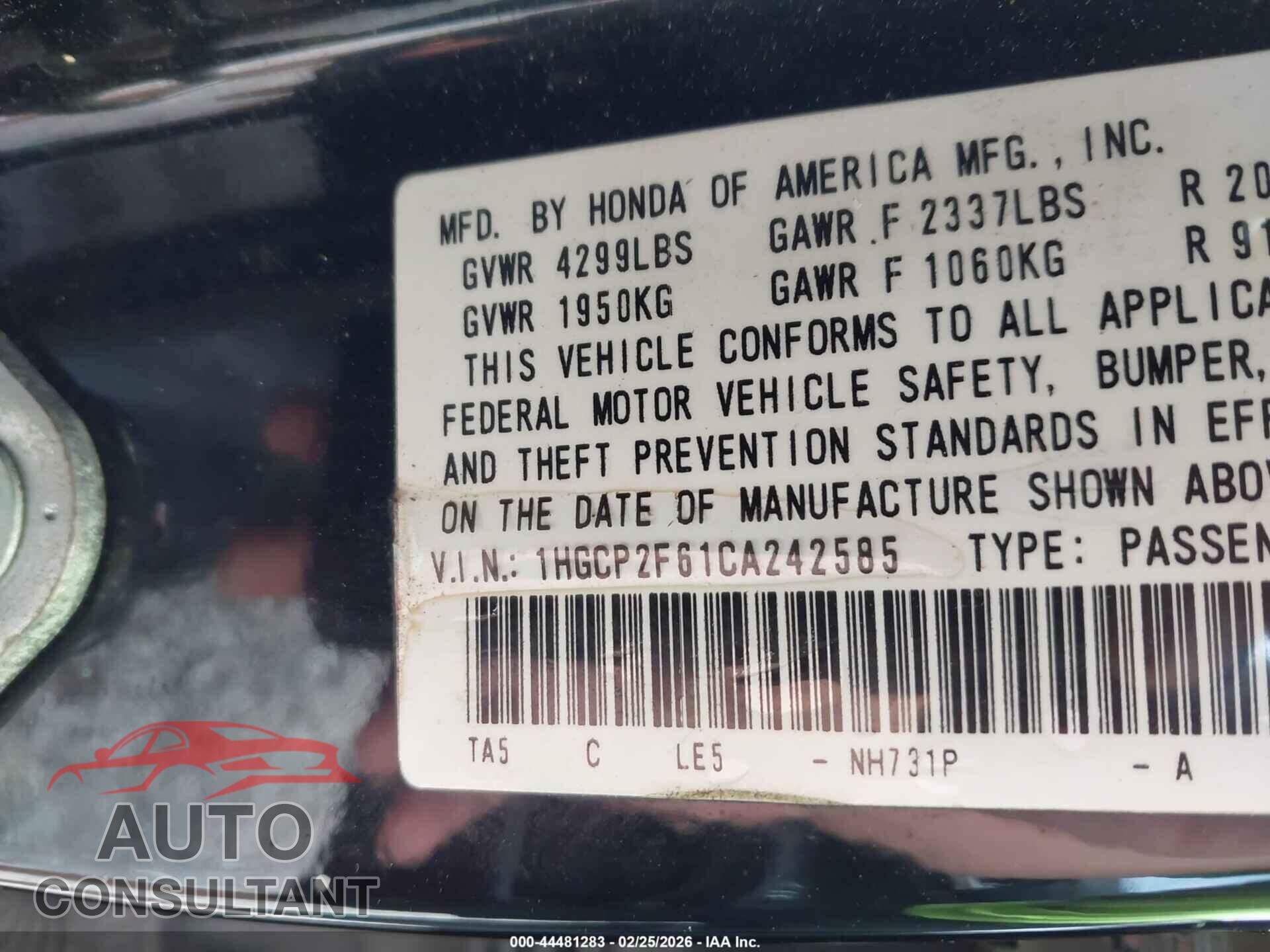 HONDA ACCORD 2012 - 1HGCP2F61CA242585