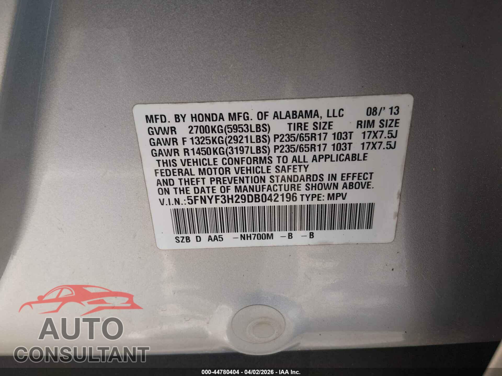 HONDA PILOT 2013 - 5FNYF3H29DB042196
