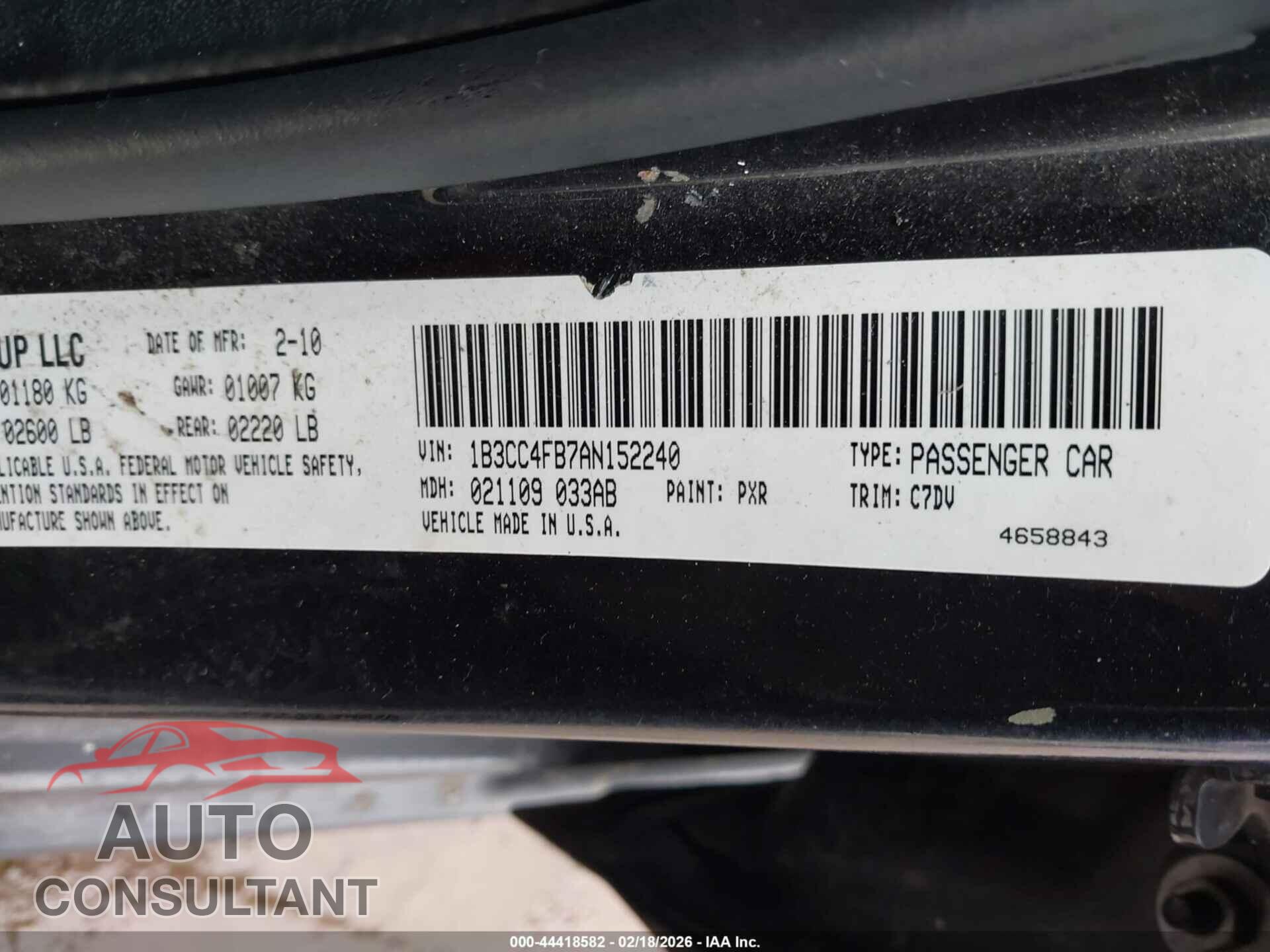 DODGE AVENGER 2010 - 1B3CC4FB7AN152240