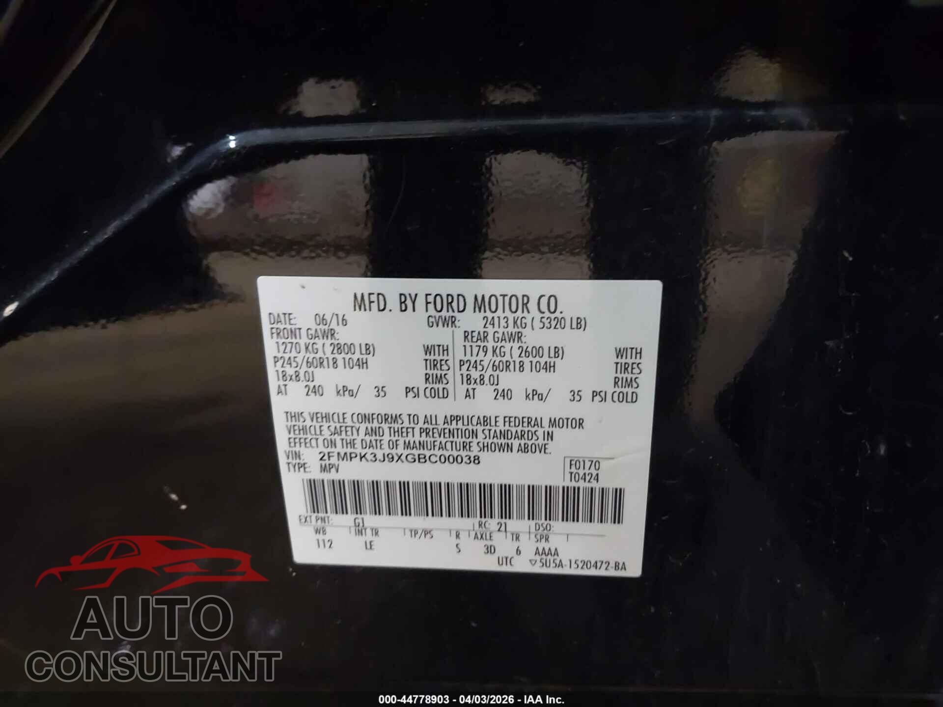FORD EDGE 2016 - 2FMPK3J9XGBC00038