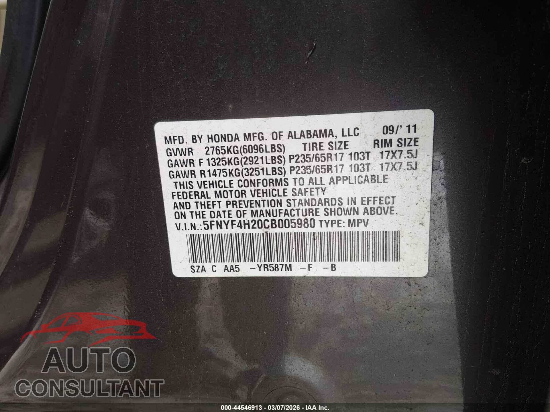 HONDA PILOT 2012 - 5FNYF4H20CB005980
