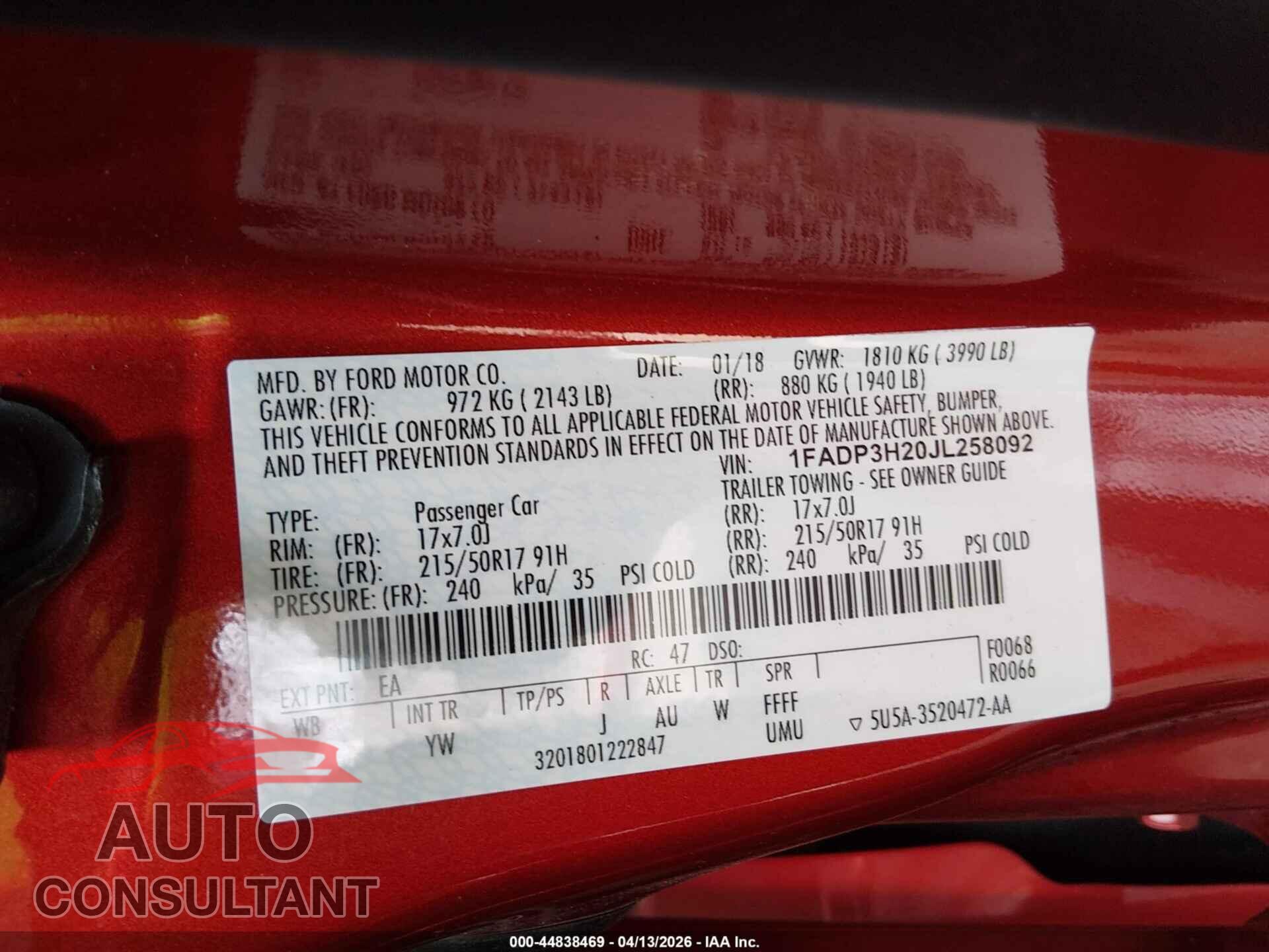 FORD FOCUS 2018 - 1FADP3H20JL258092