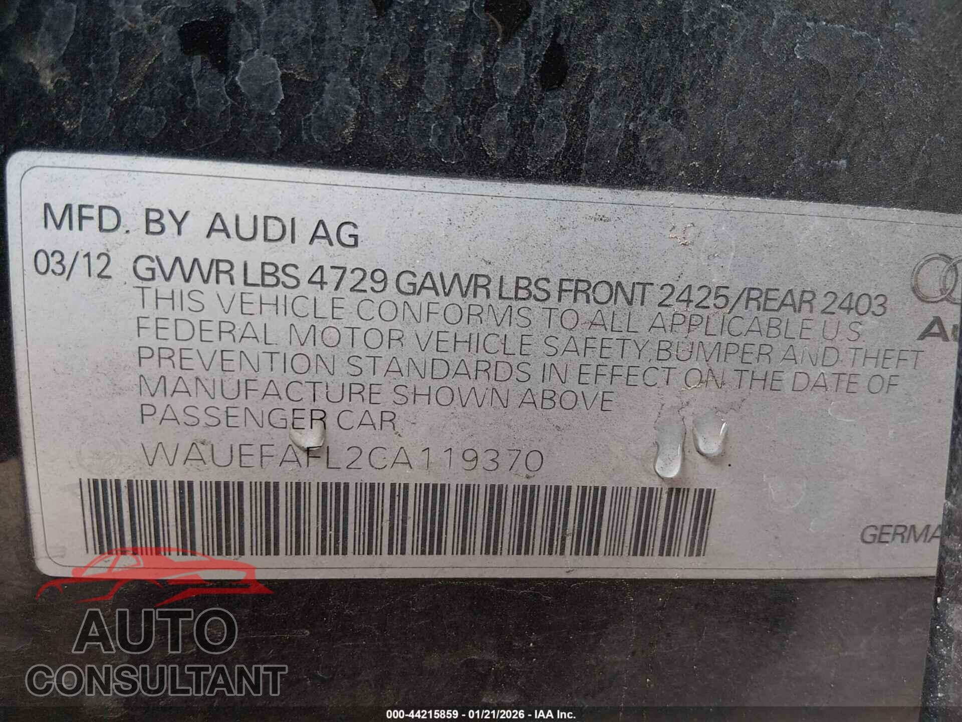 AUDI A4 2012 - WAUEFAFL2CA119370