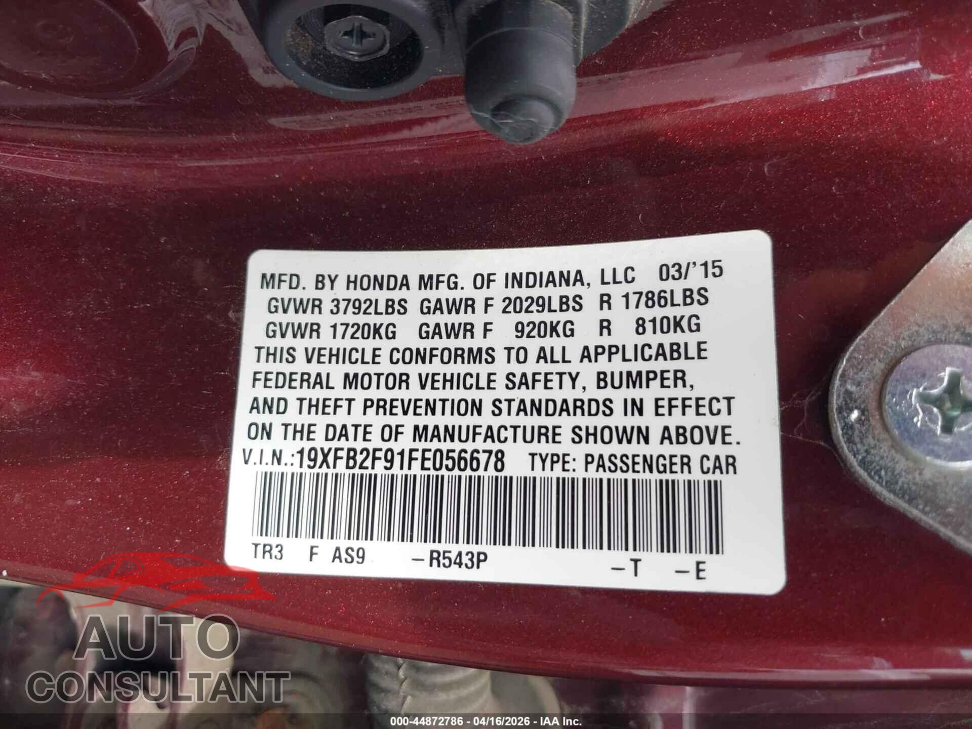 HONDA CIVIC 2015 - 19XFB2F91FE056678