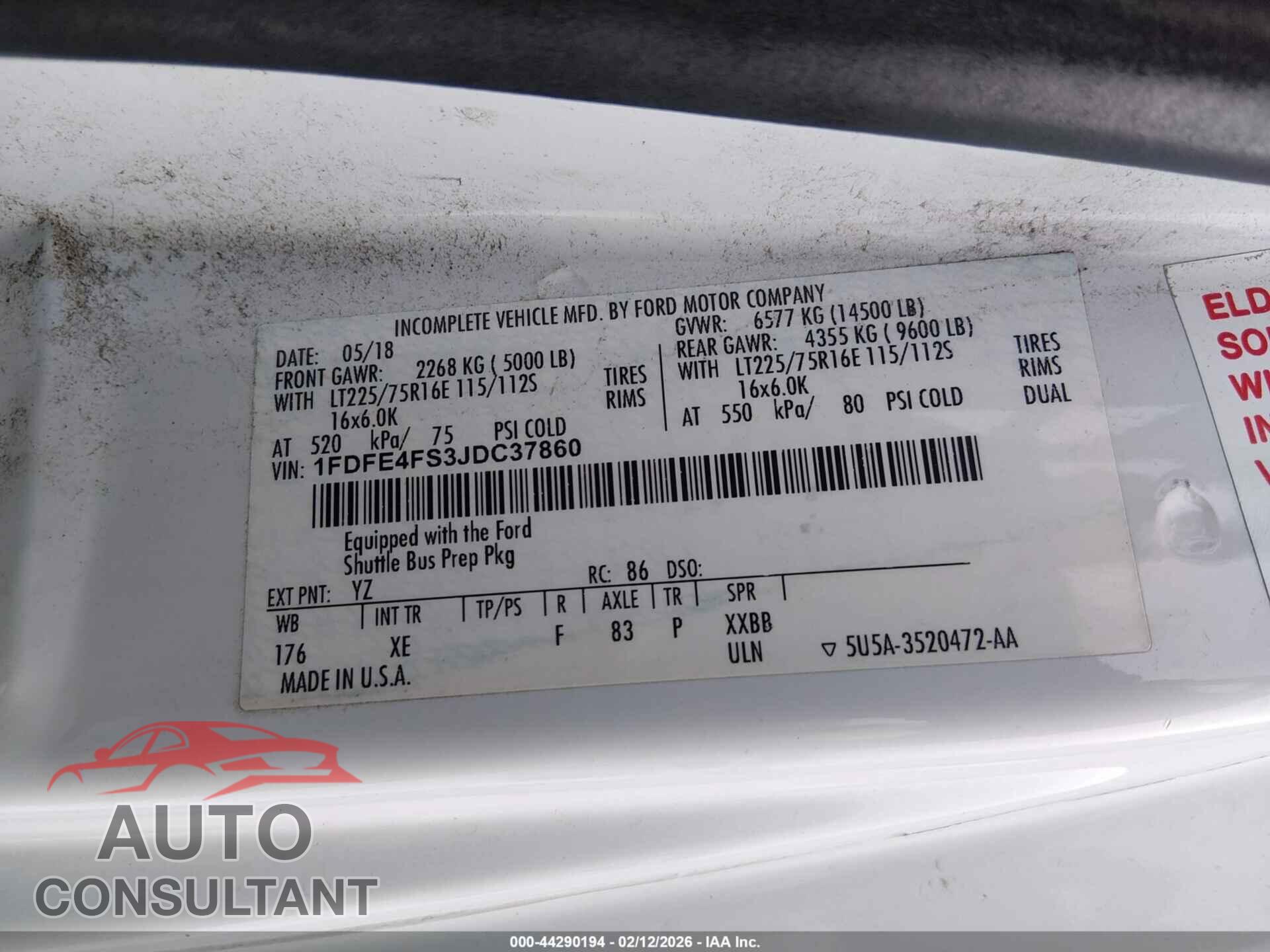 FORD E-450 CUTAWAY 2018 - 1FDFE4FS3JDC37860