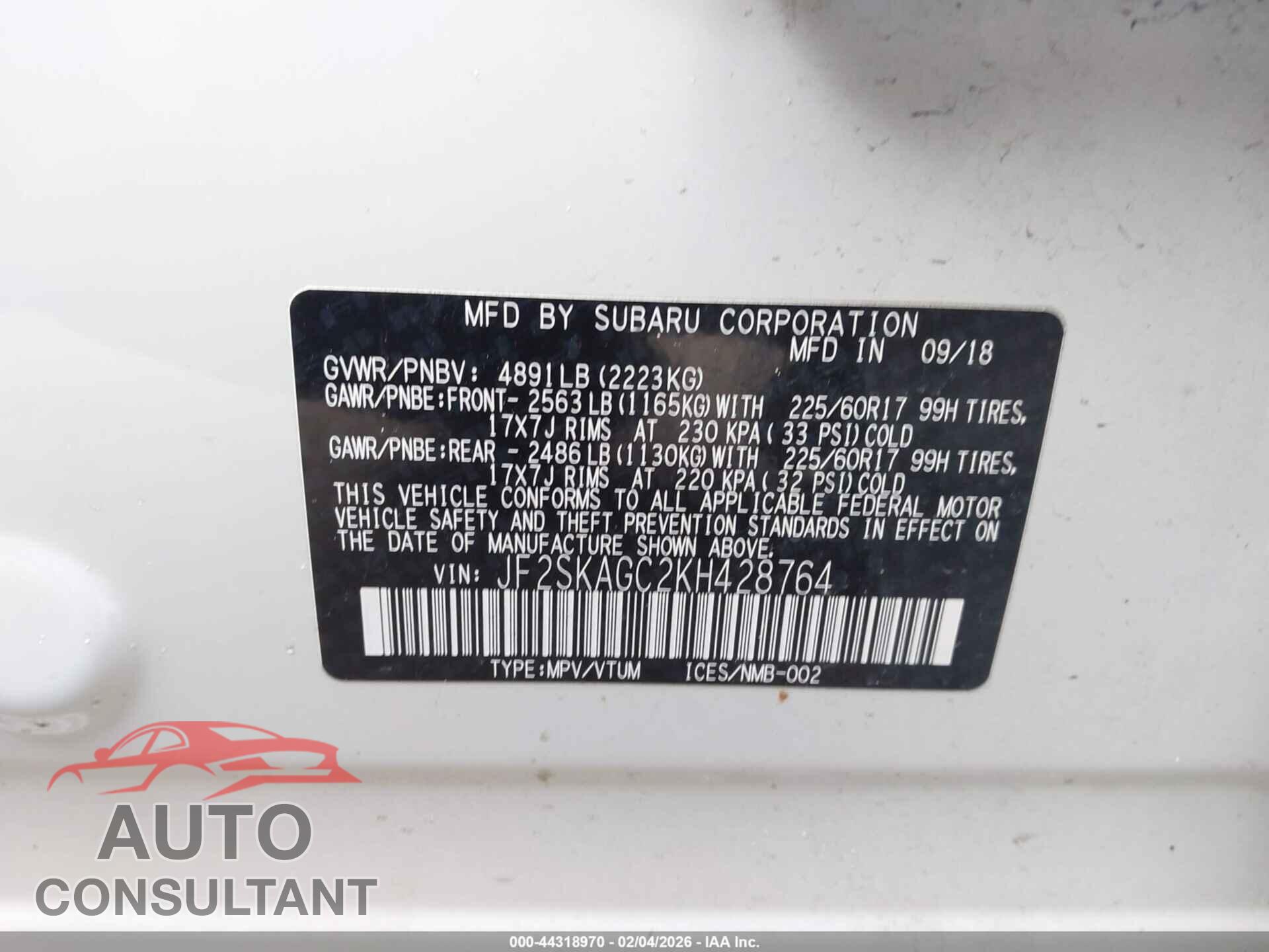 SUBARU FORESTER 2019 - JF2SKAGC2KH428764