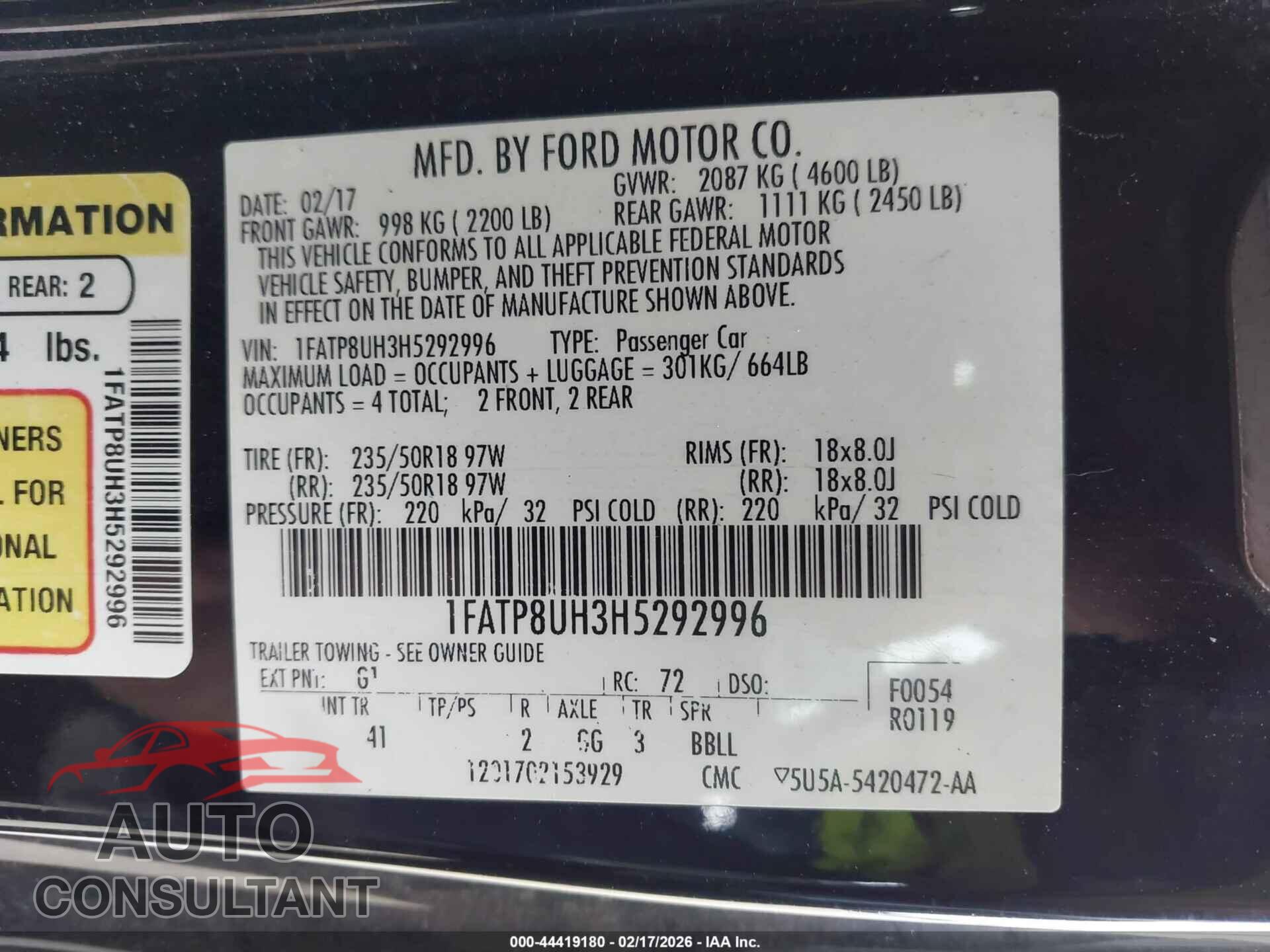 FORD MUSTANG 2017 - 1FATP8UH3H5292996