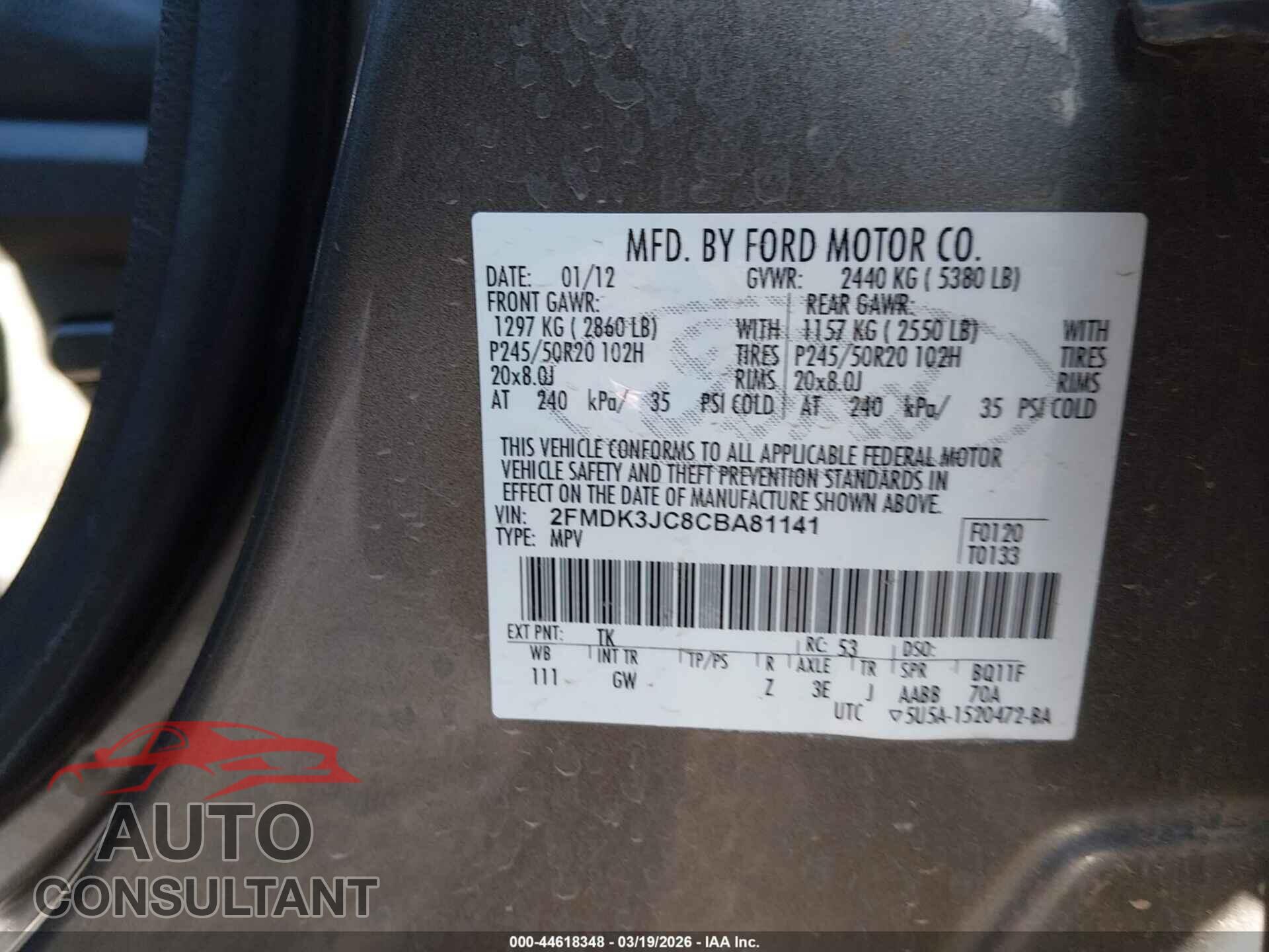 FORD EDGE 2012 - 2FMDK3JC8CBA81141
