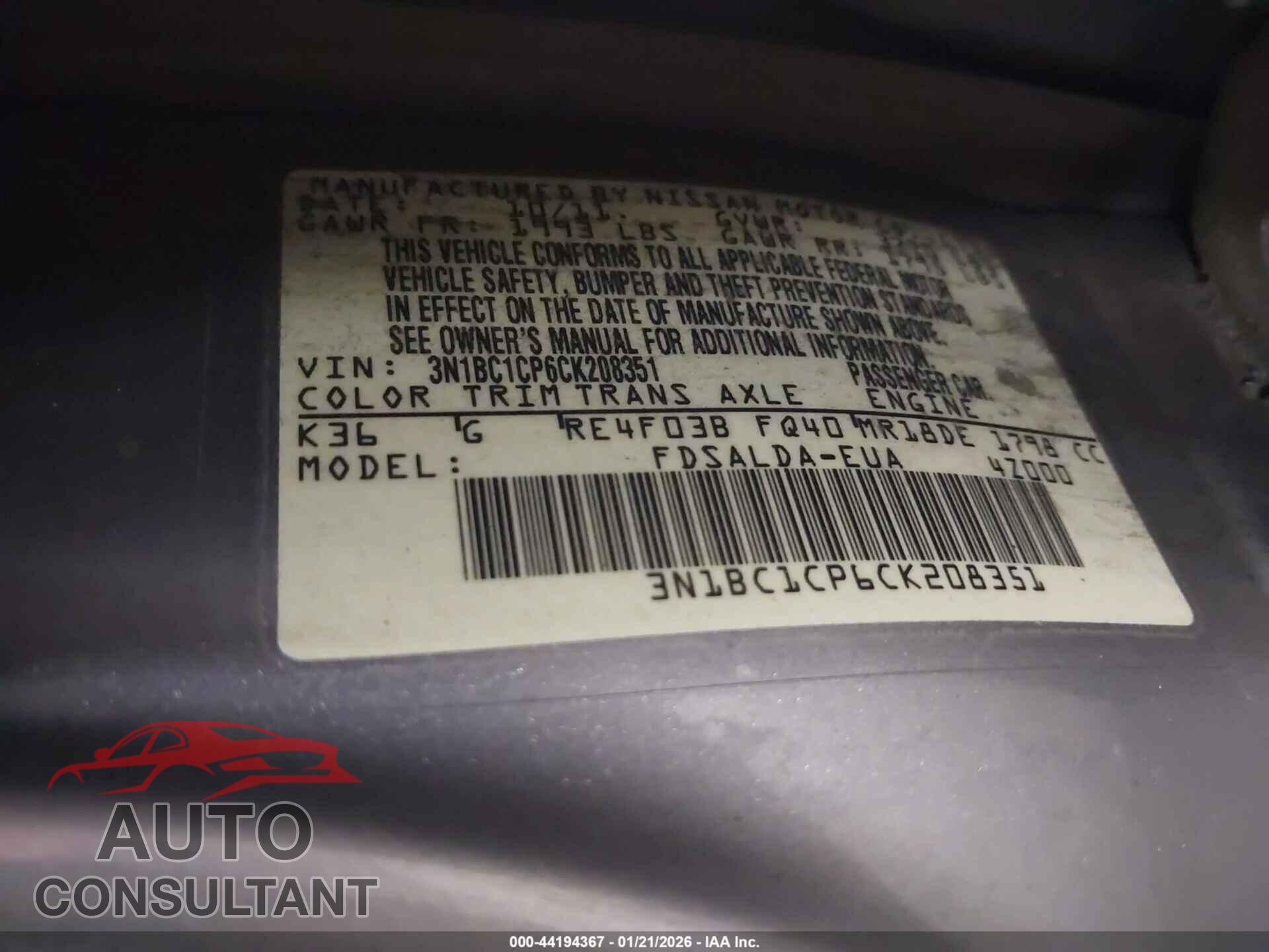 NISSAN VERSA 2012 - 3N1BC1CP6CK208351