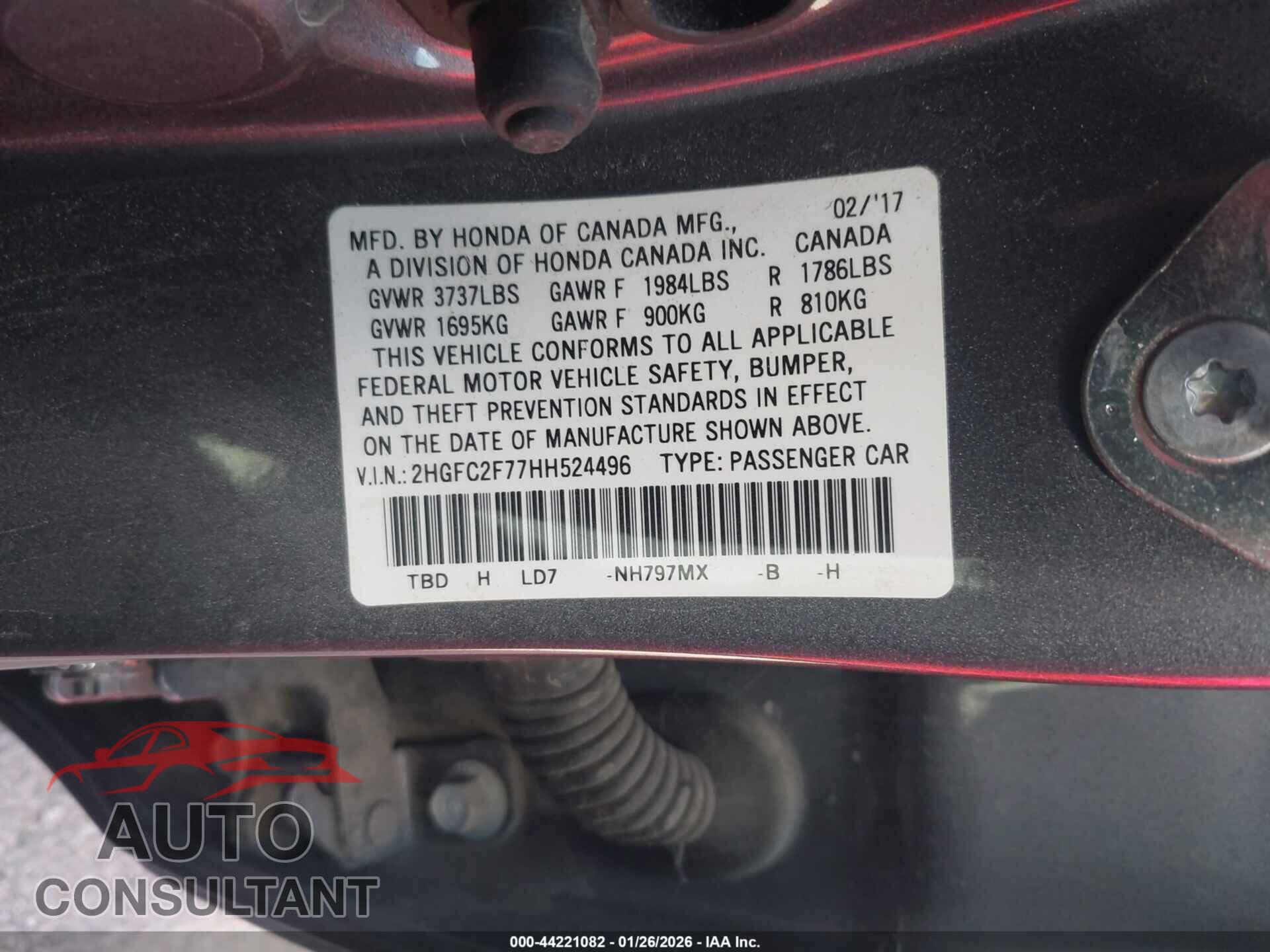 HONDA CIVIC 2017 - 2HGFC2F77HH524496