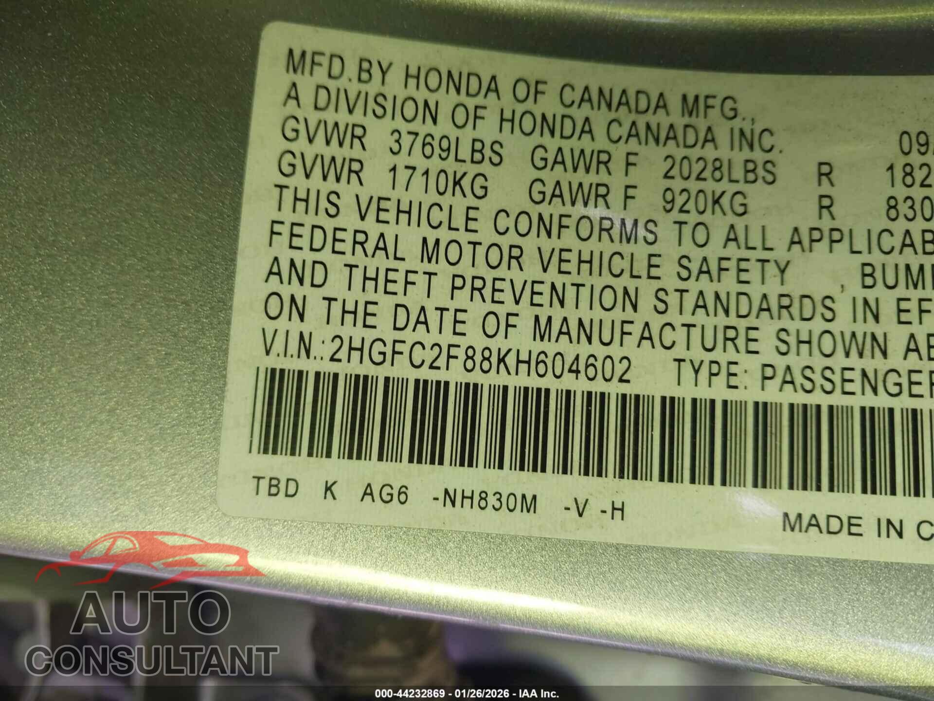 HONDA CIVIC 2019 - 2HGFC2F88KH604602