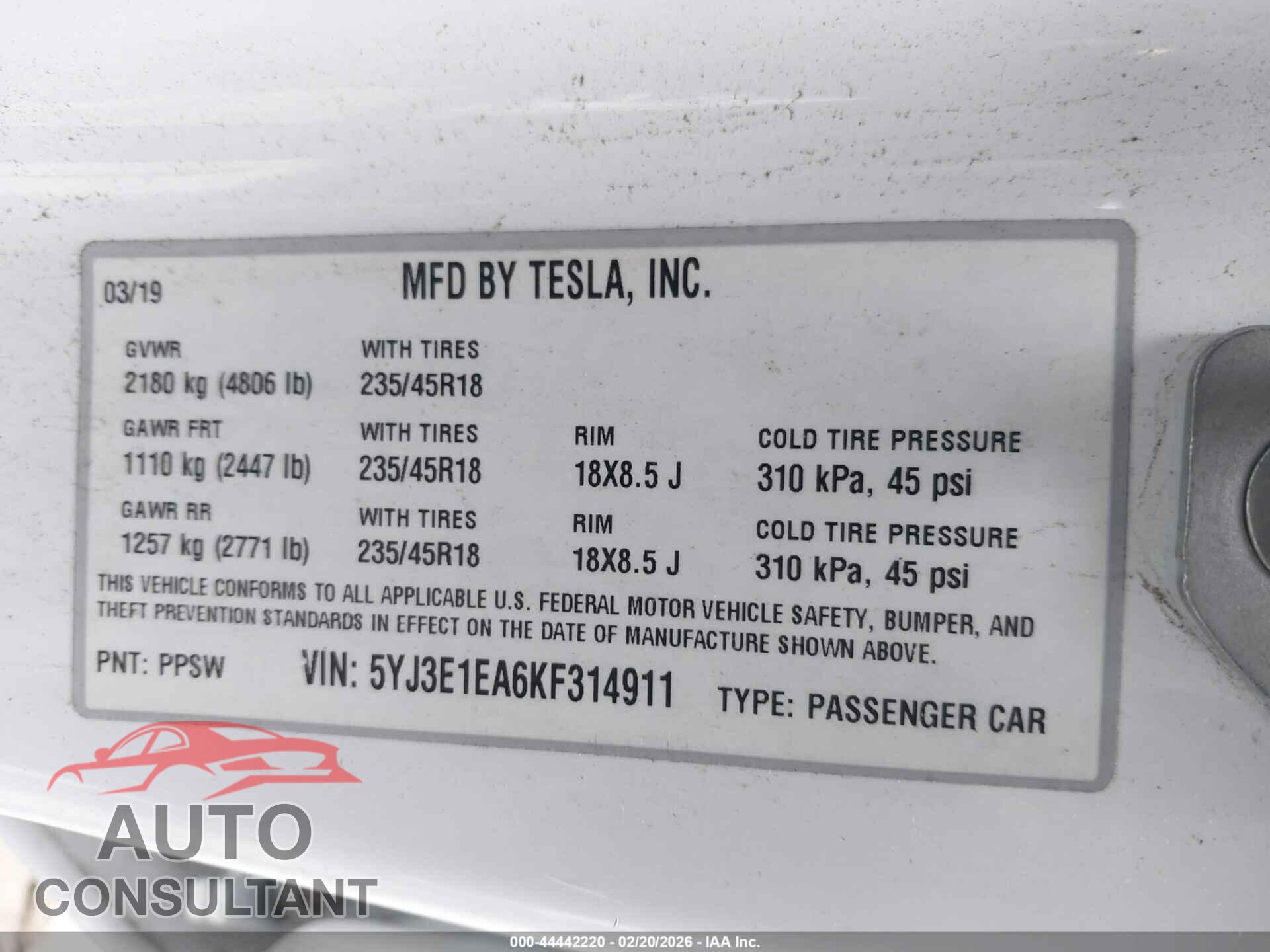 TESLA MODEL 3 2019 - 5YJ3E1EA6KF314911