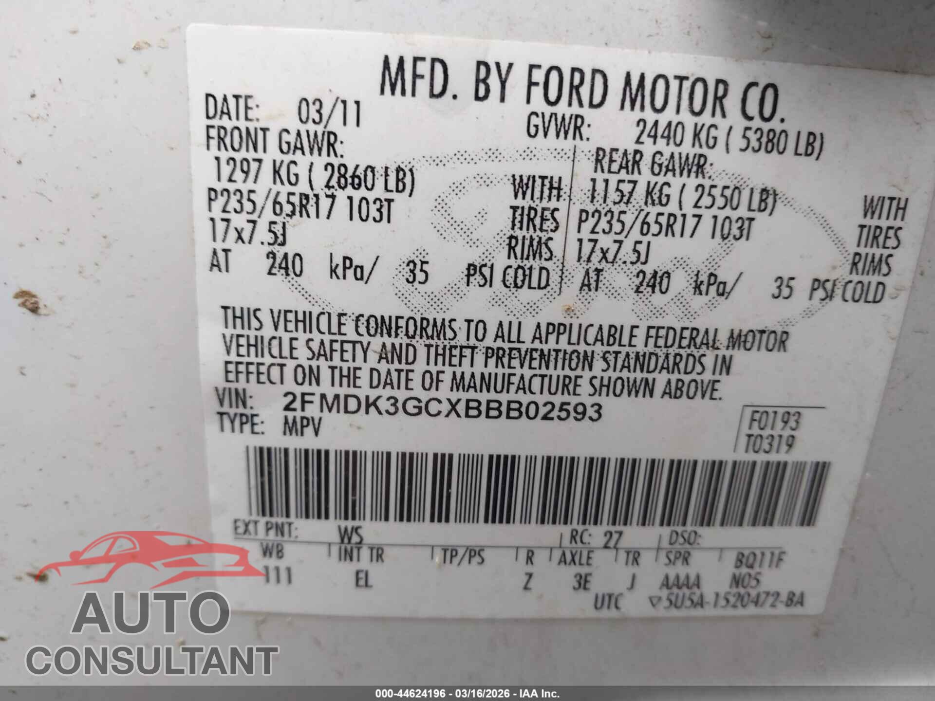 FORD EDGE 2011 - 2FMDK3GCXBBB02593