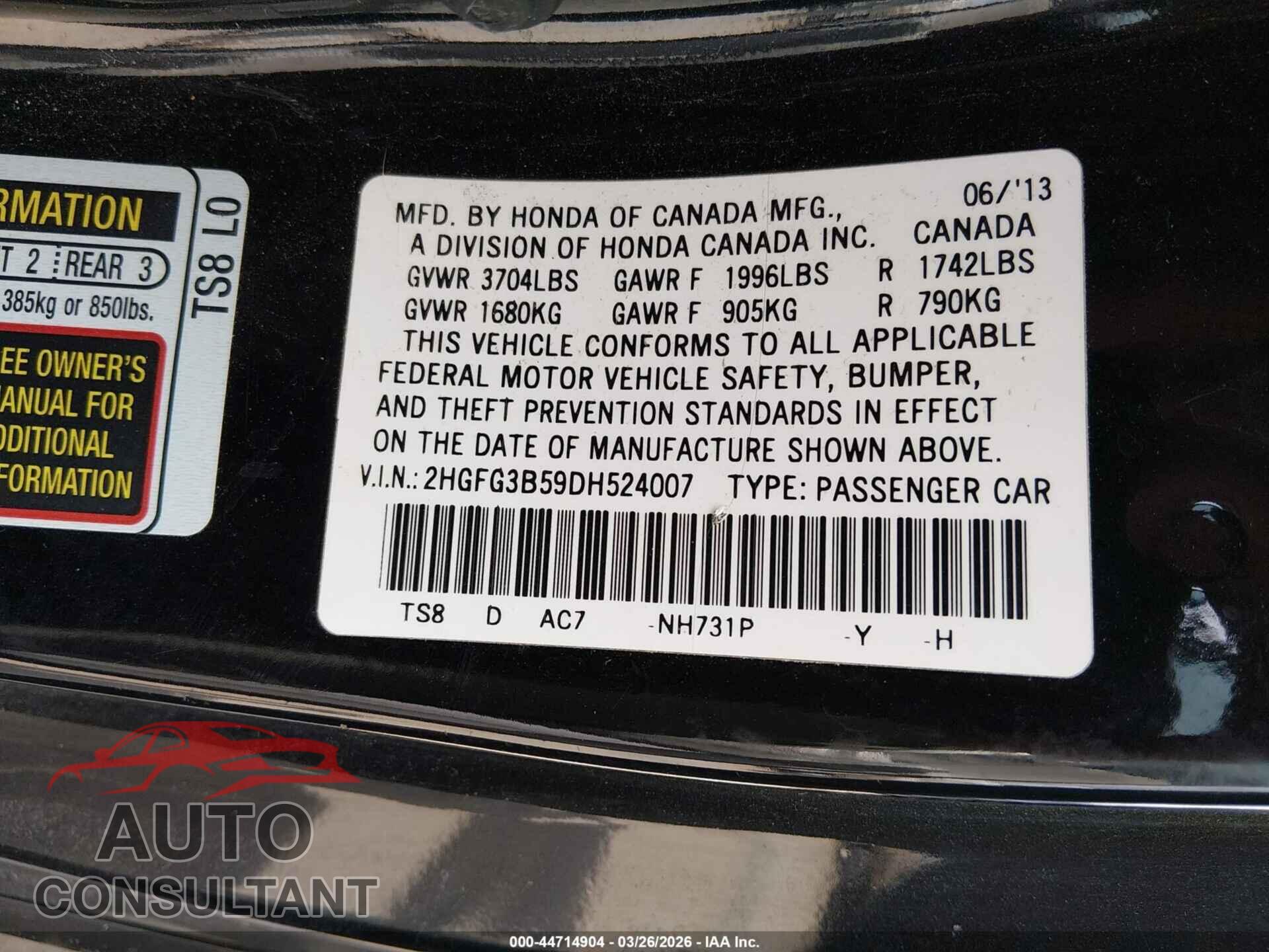 HONDA CIVIC 2013 - 2HGFG3B59DH524007