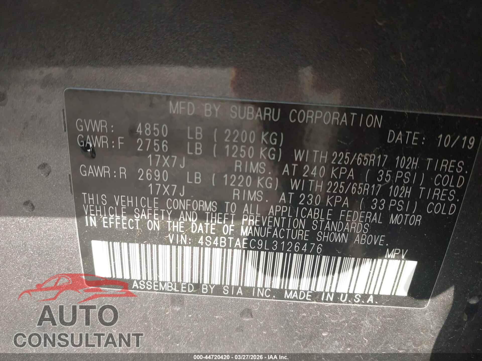 SUBARU OUTBACK 2020 - 4S4BTAEC9L3126476