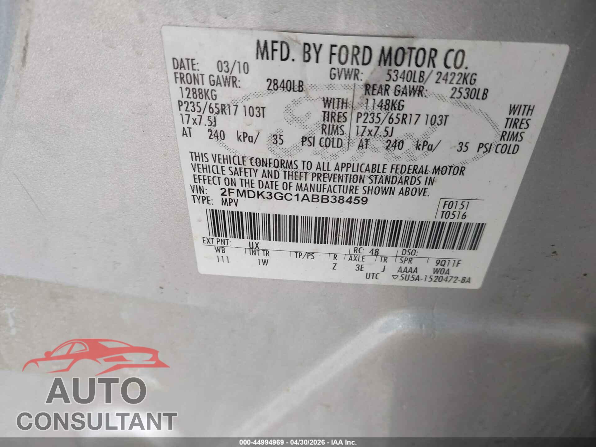 FORD EDGE 2010 - 2FMDK3GC1ABB38459