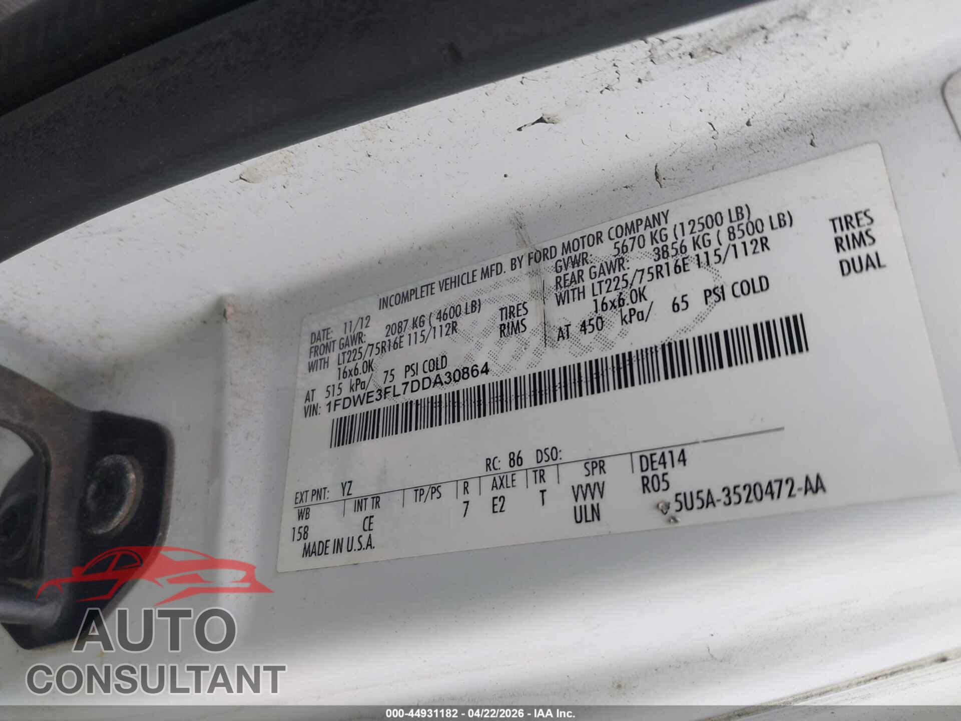 FORD E-350 CUTAWAY 2013 - 1FDWE3FL7DDA30864