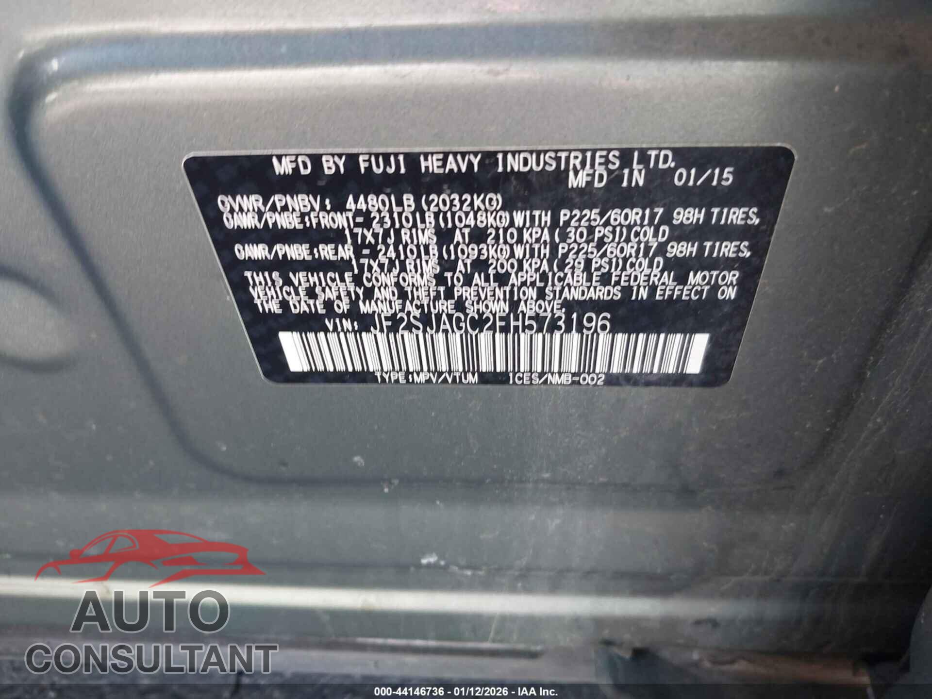 SUBARU FORESTER 2015 - JF2SJAGC2FH573196