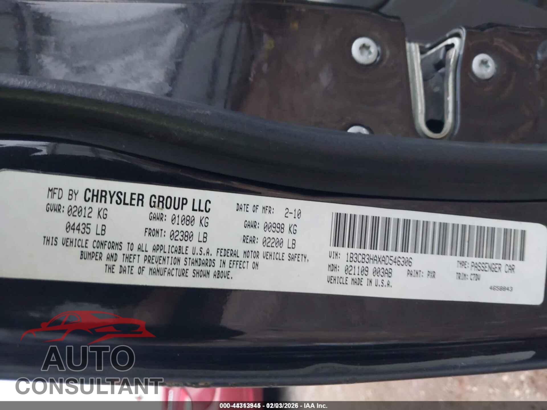 DODGE CALIBER 2010 - 1B3CB3HAXAD546306
