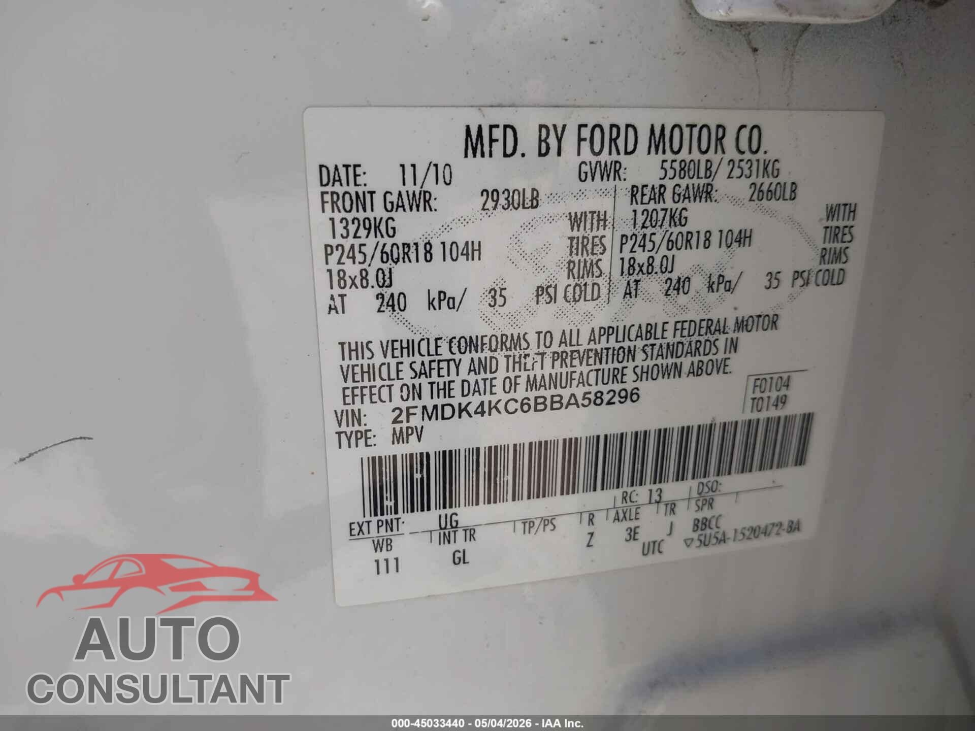 FORD EDGE 2011 - 2FMDK4KC6BBA58296