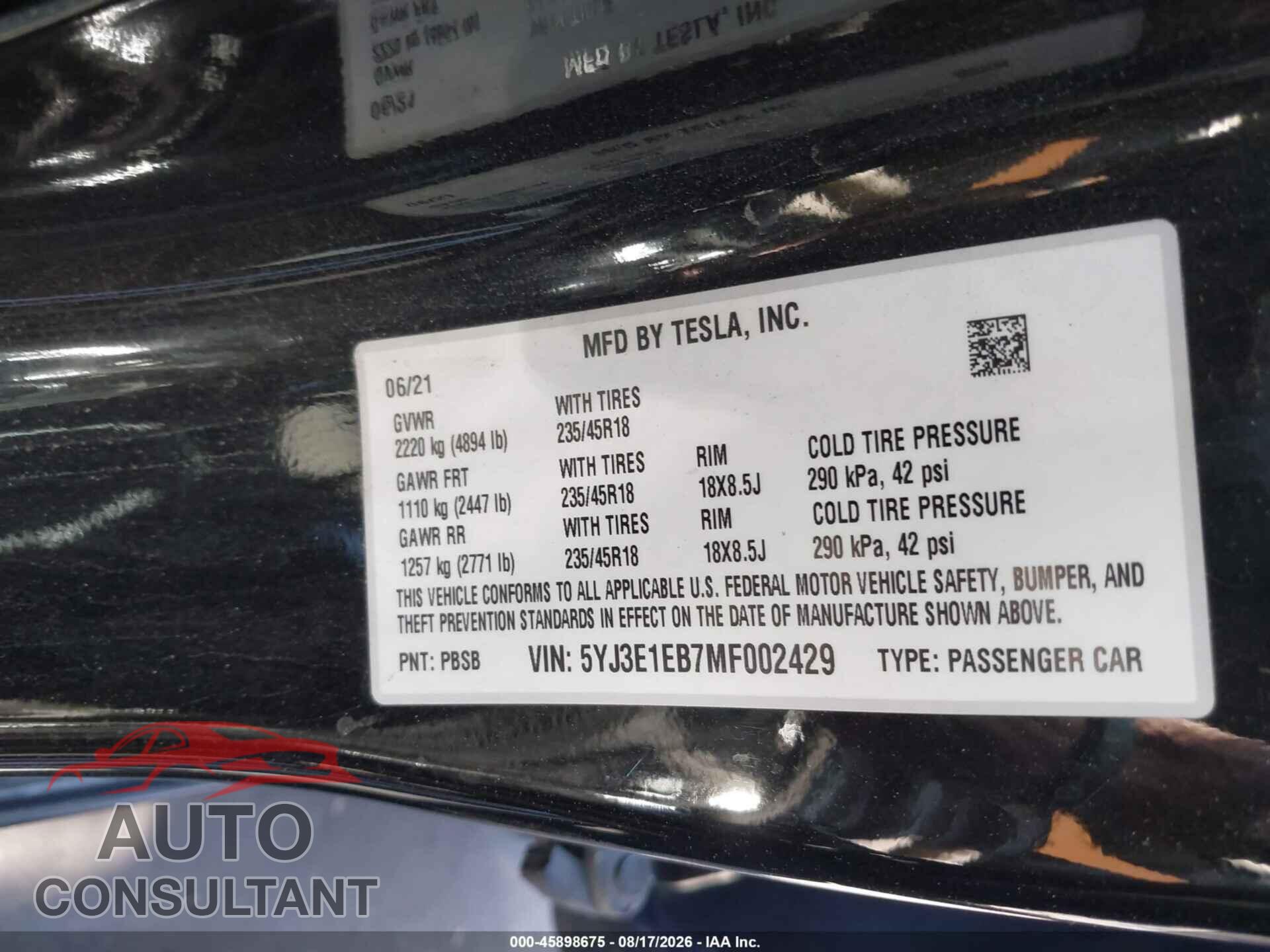TESLA MODEL 3 2021 - 5YJ3E1EB7MF002429