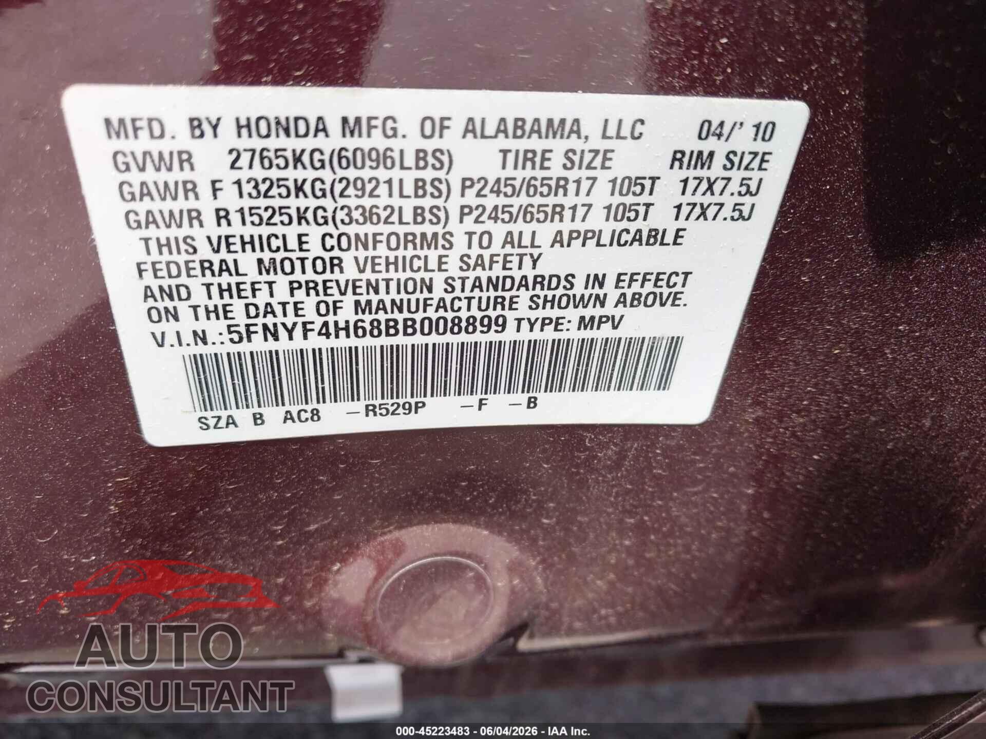 HONDA PILOT 2011 - 5FNYF4H68BB008899