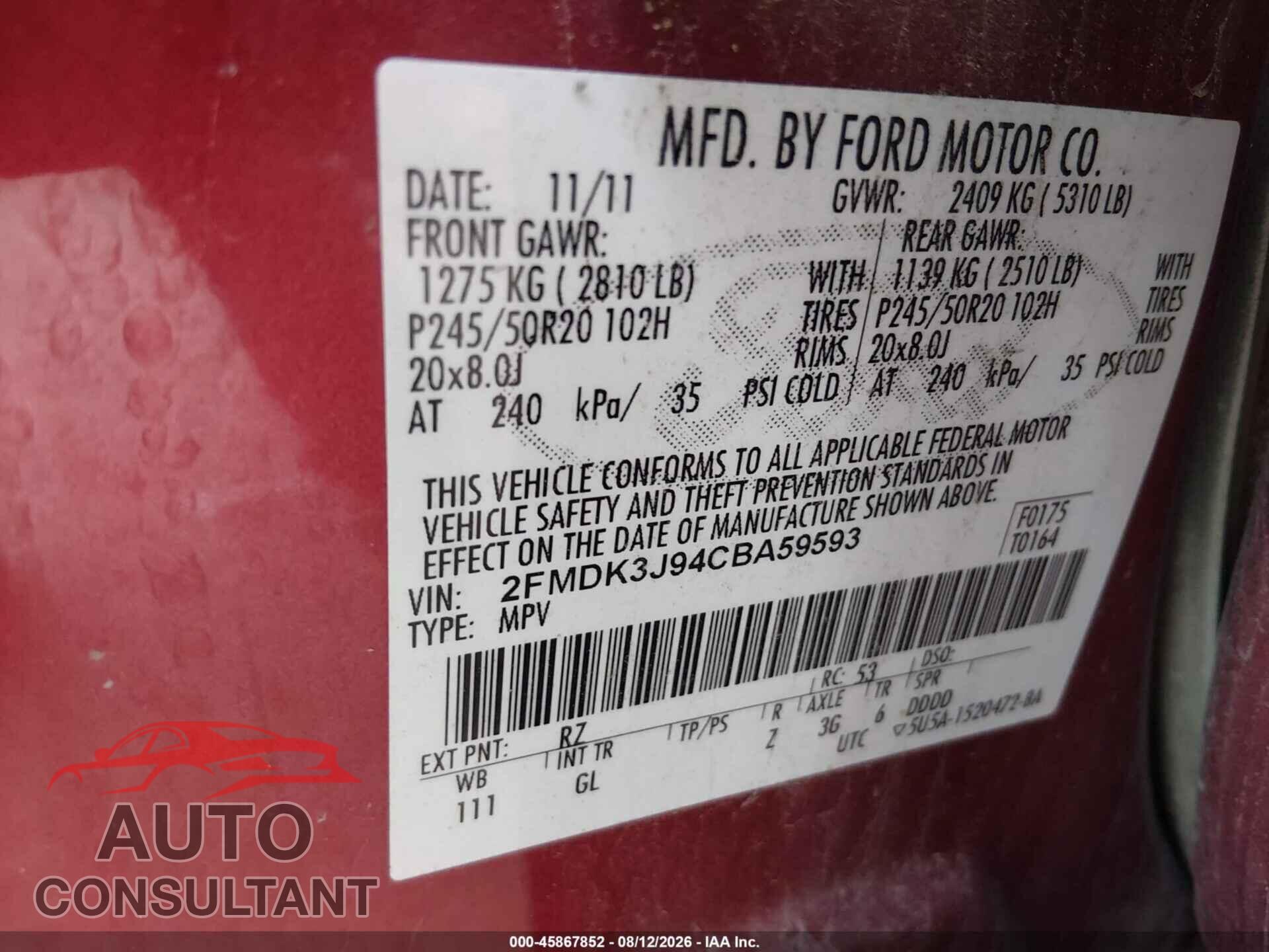 FORD EDGE 2012 - 2FMDK3J94CBA59593