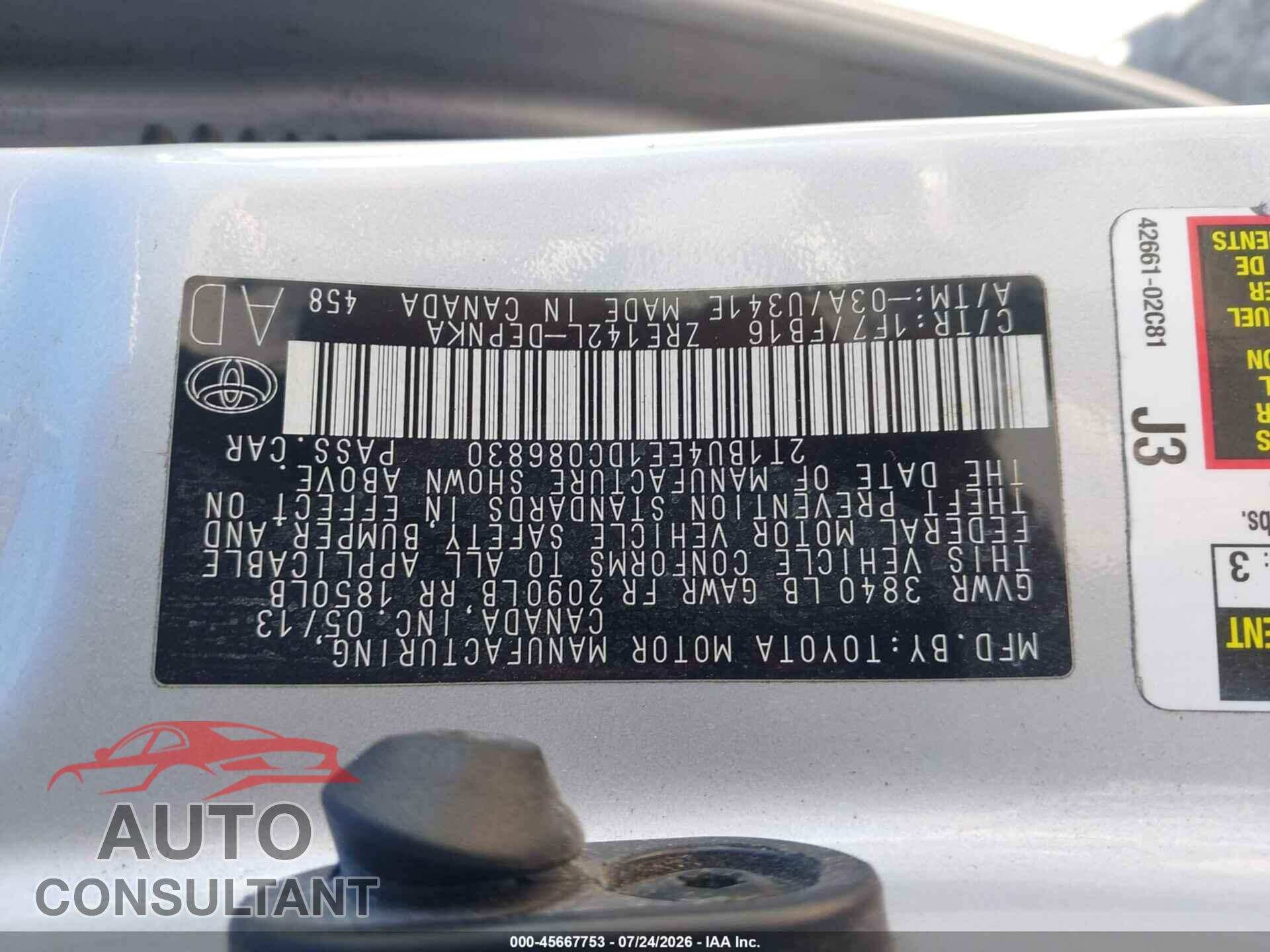 TOYOTA COROLLA 2013 - 2T1BU4EE1DC086830
