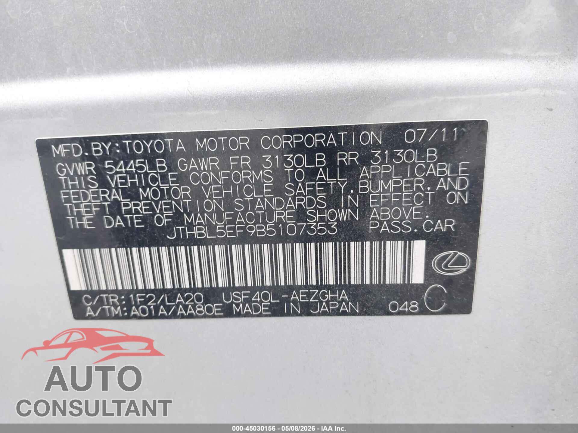 LEXUS LS 460 2011 - JTHBL5EF9B5107353