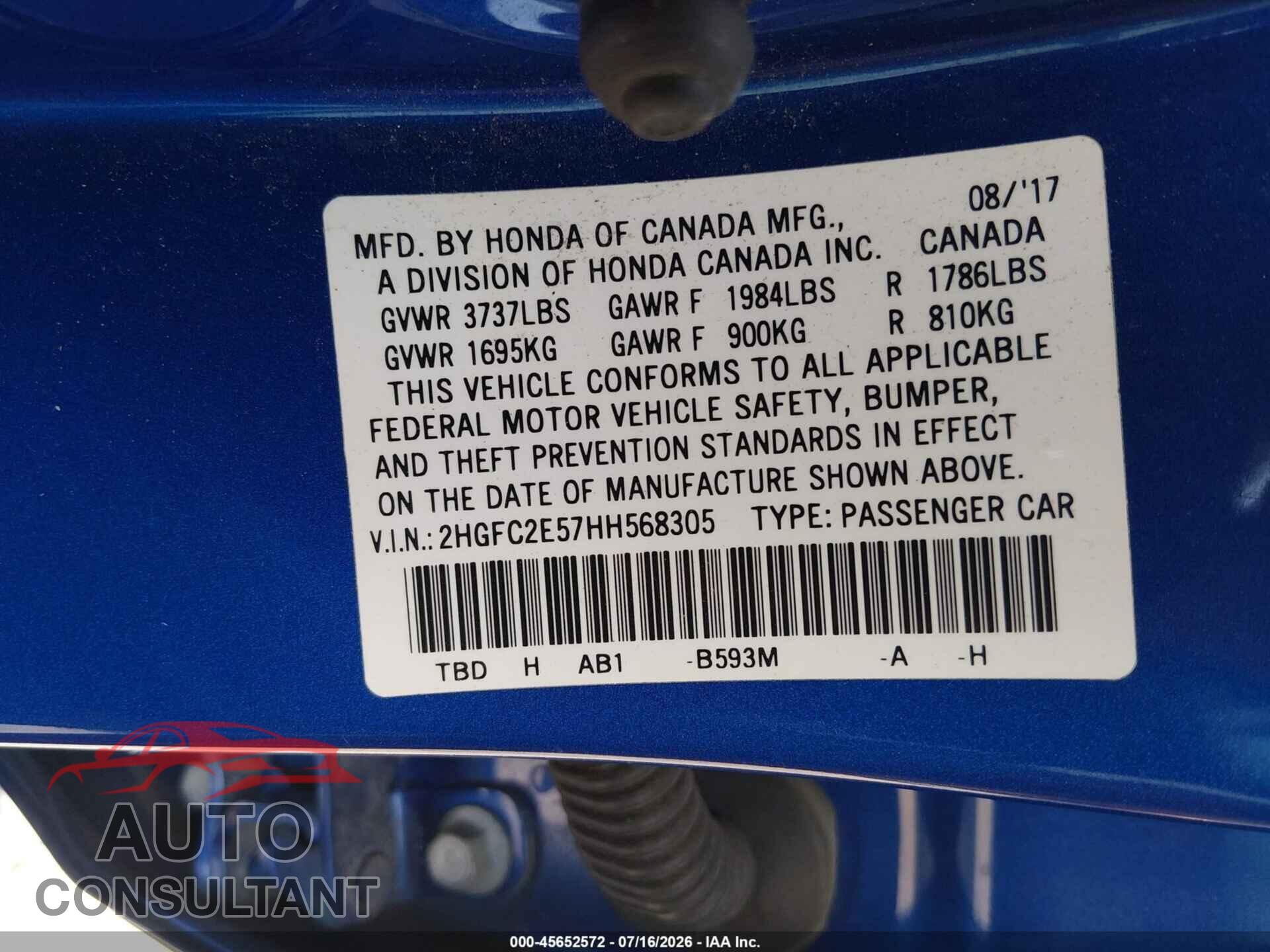 HONDA CIVIC 2017 - 2HGFC2E57HH568305