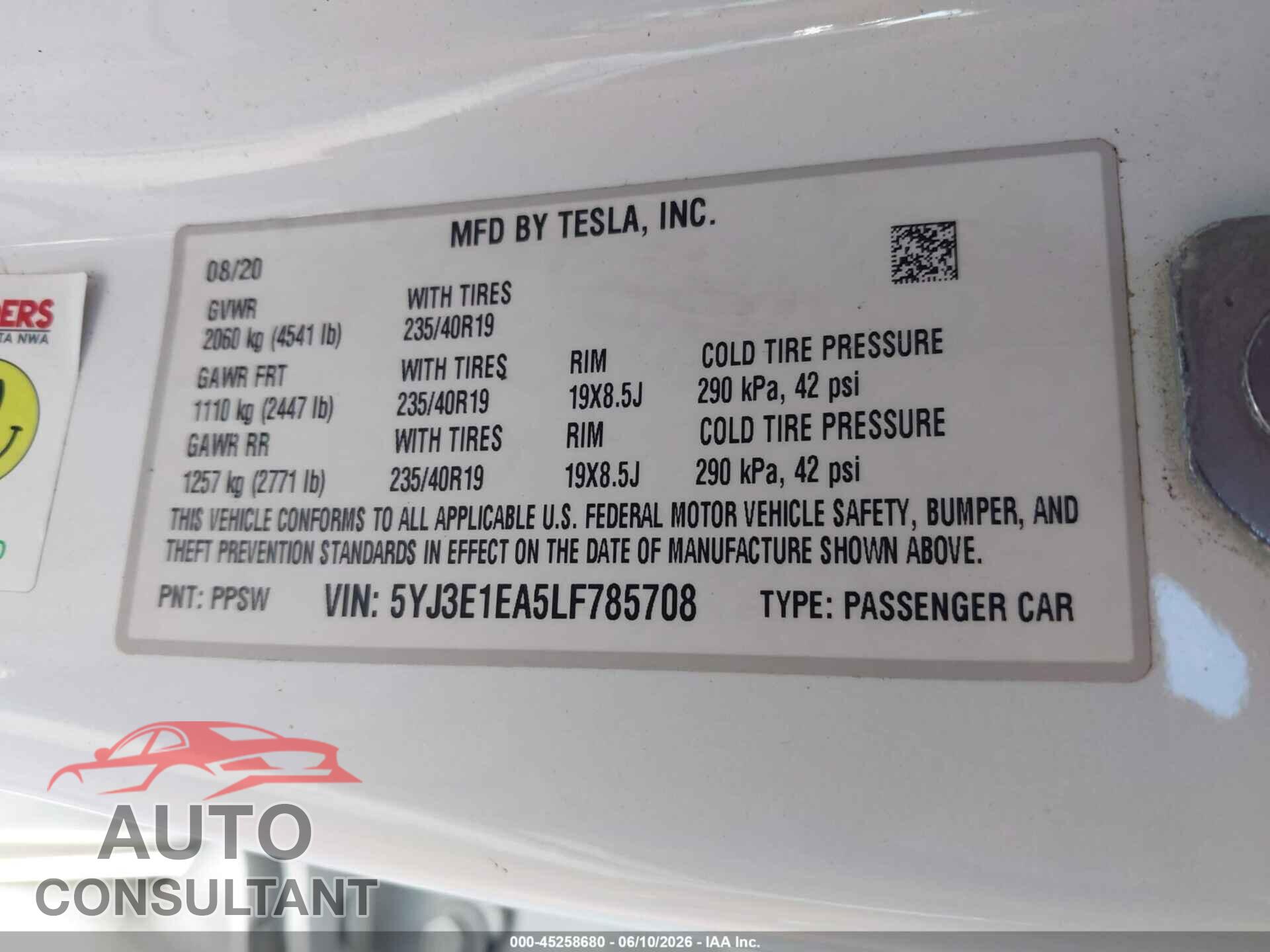 TESLA MODEL 3 2020 - 5YJ3E1EA5LF785708