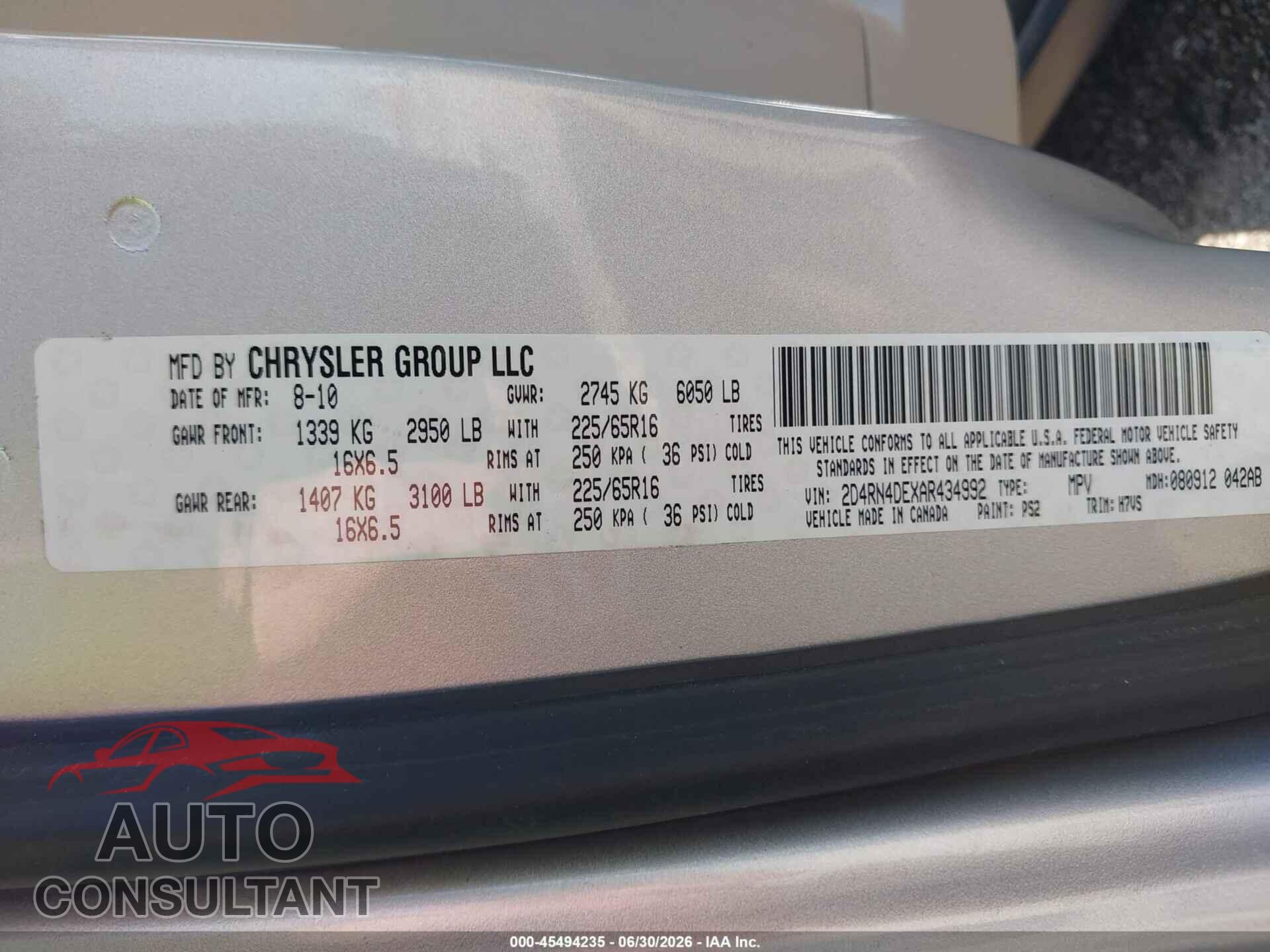 DODGE GRAND CARAVAN 2010 - 2D4RN4DEXAR434992