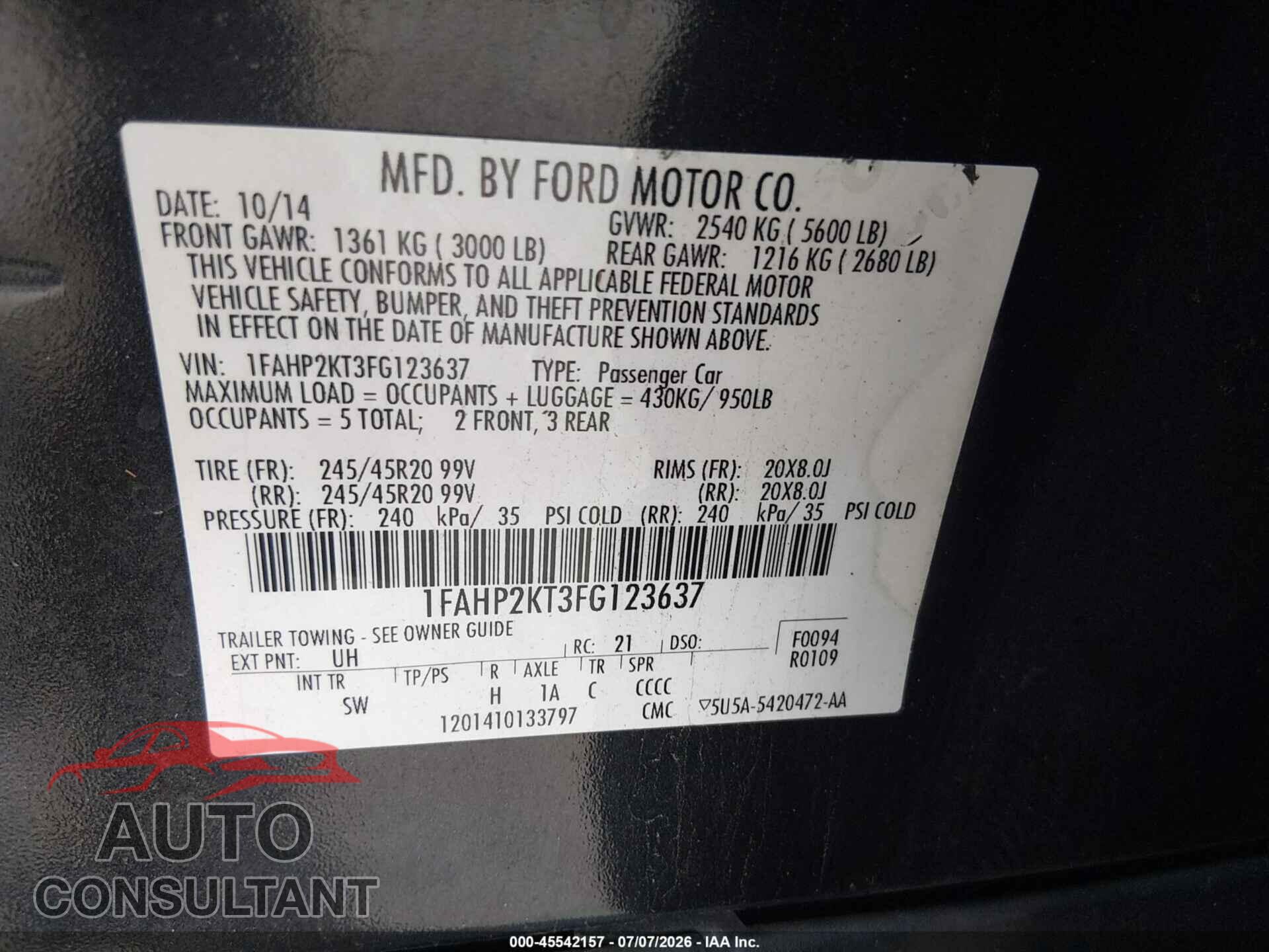 FORD TAURUS 2015 - 1FAHP2KT3FG123637