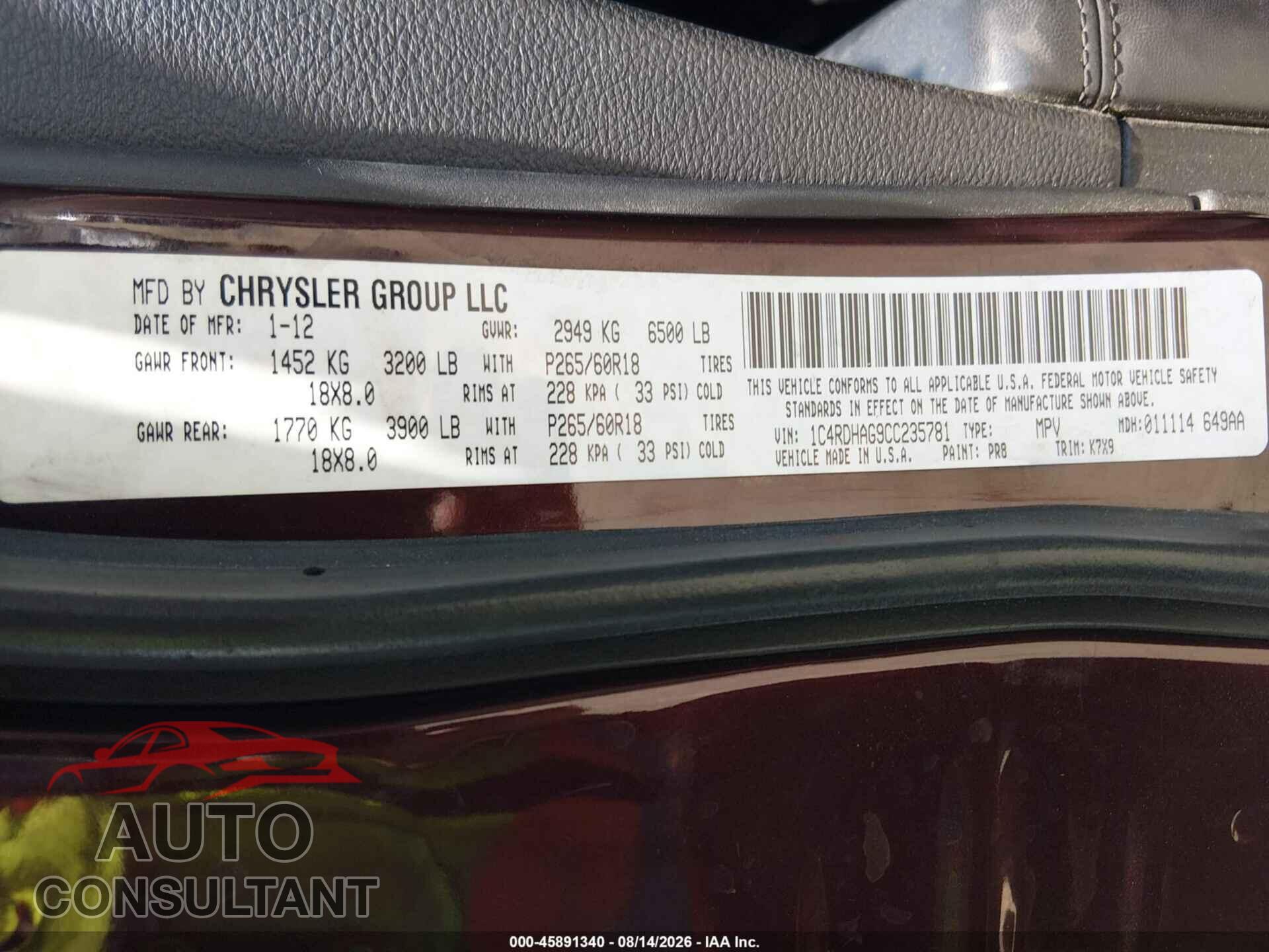 DODGE DURANGO 2012 - 1C4RDHAG9CC235781