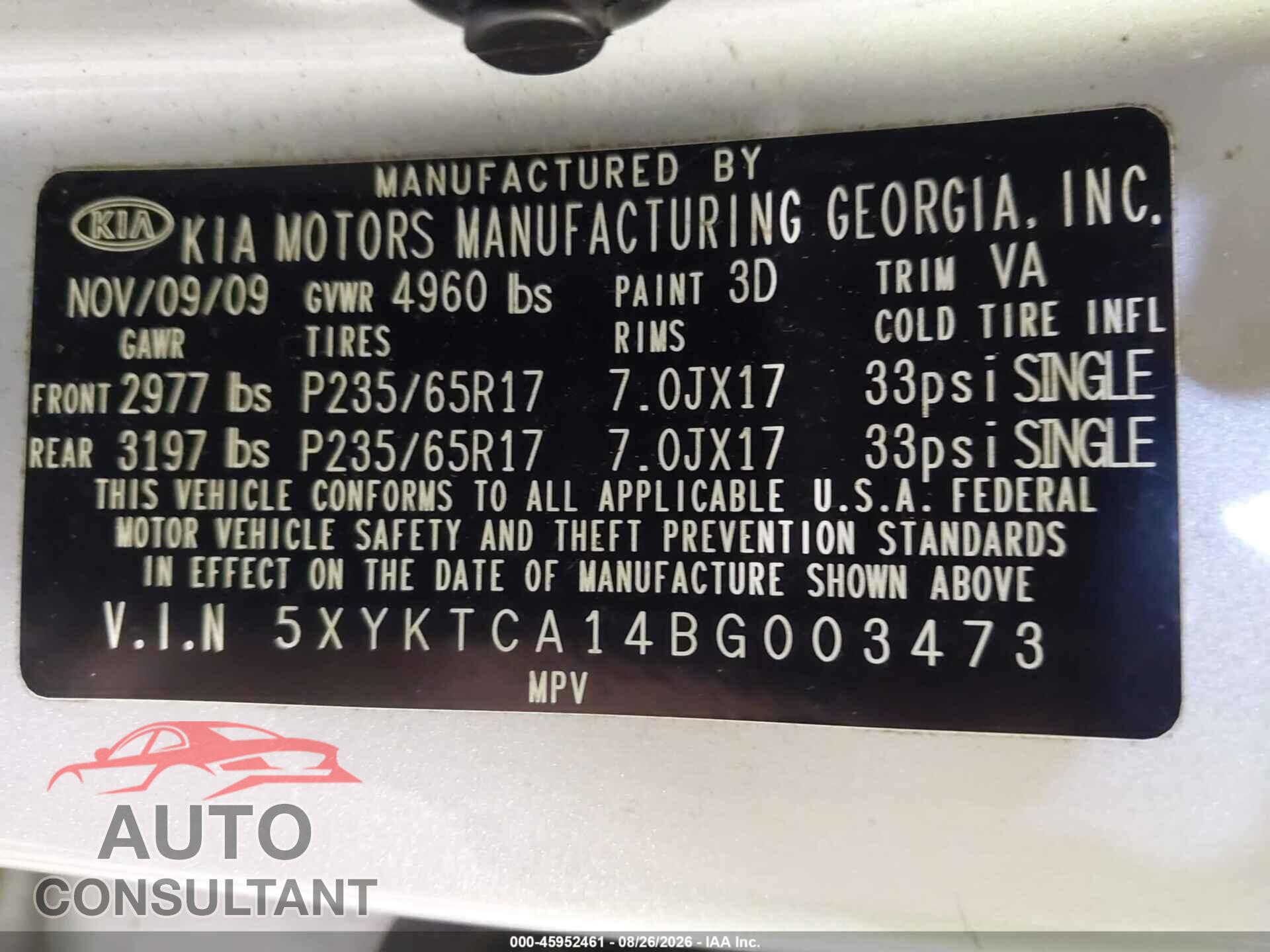 KIA SORENTO 2011 - 5XYKTCA14BG003473