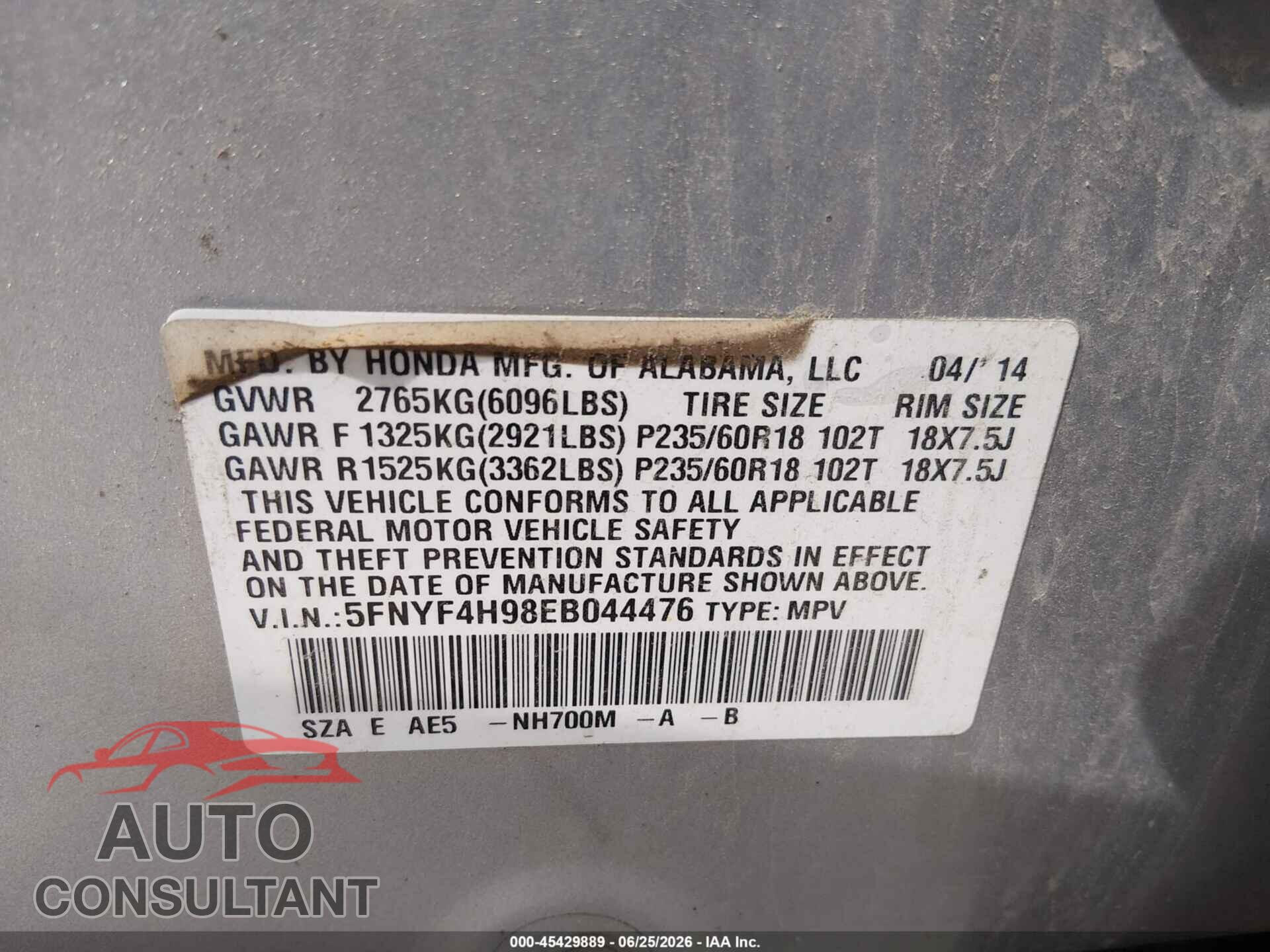 HONDA PILOT 2014 - 5FNYF4H98EB044476