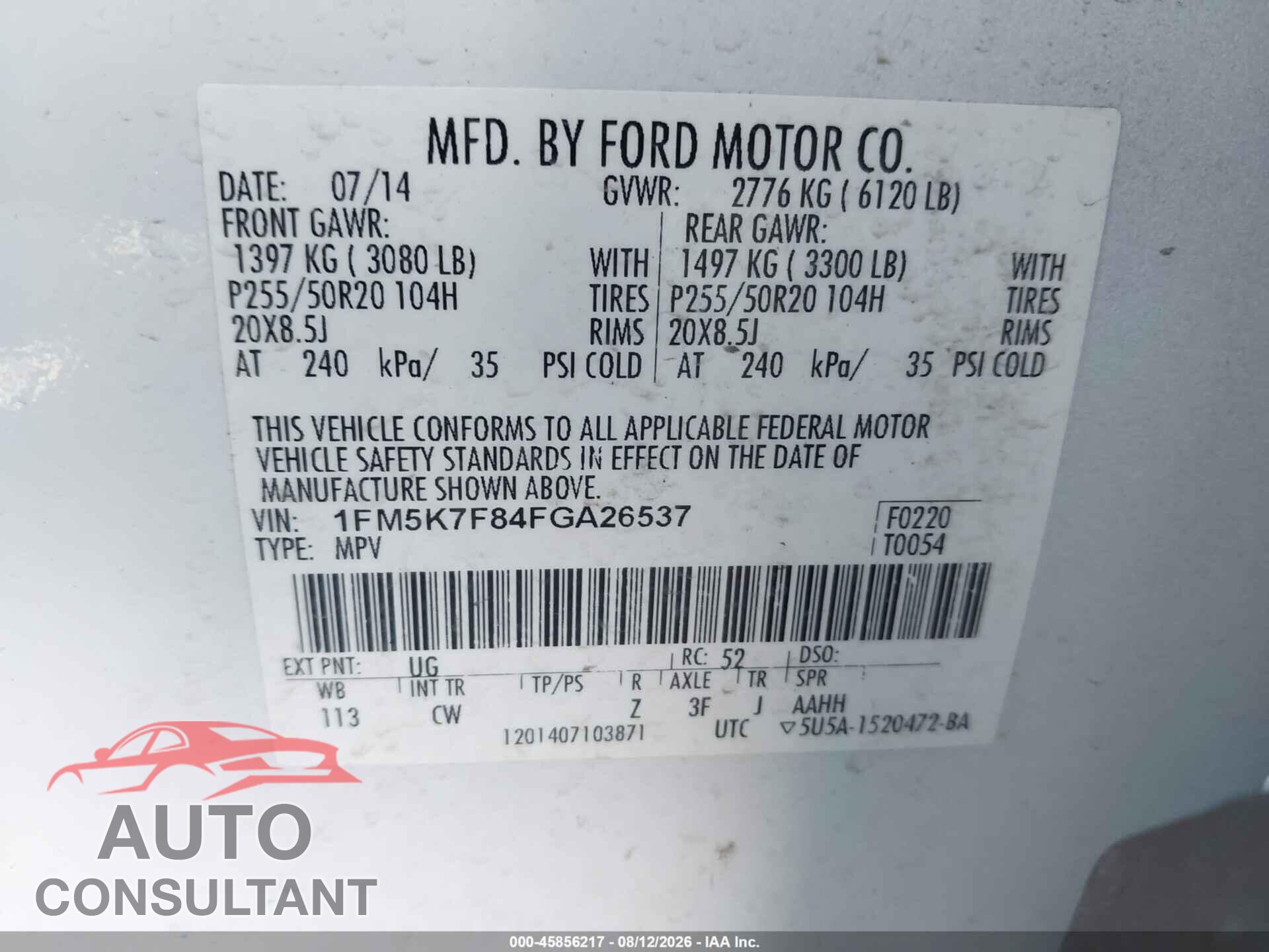 FORD EXPLORER 2015 - 1FM5K7F84FGA26537