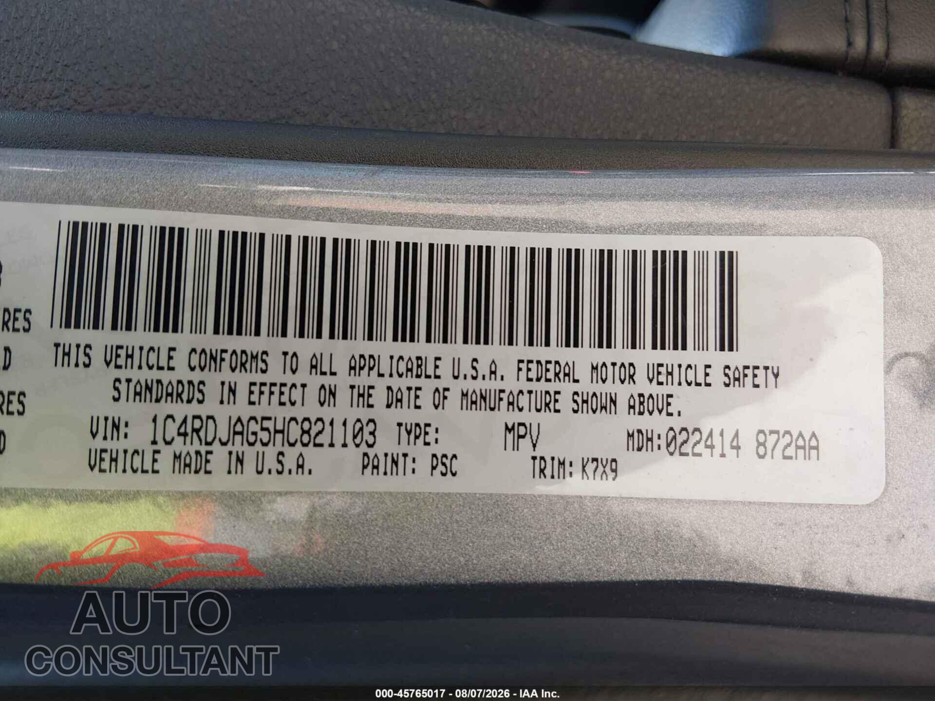 DODGE DURANGO 2017 - 1C4RDJAG5HC821103