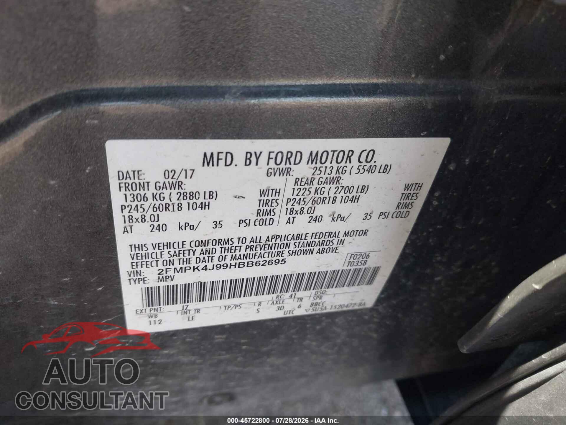 FORD EDGE 2017 - 2FMPK4J99HBB62695